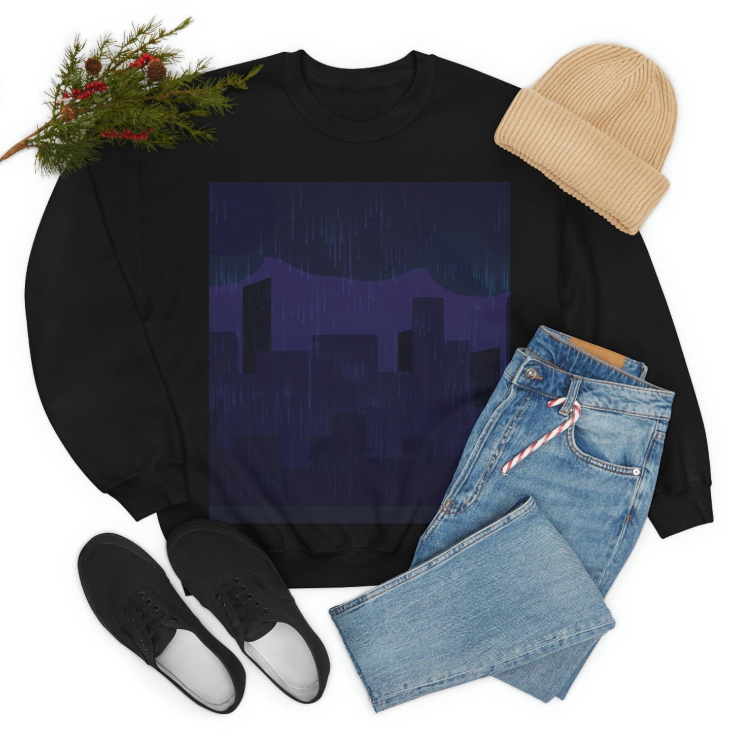 Midnight Rain In The City Thunderstorm City Silhouette View Art  Unisex Heavy Blend™ Crewneck Sweatshirt Ichaku [Perfect Gifts Selection]