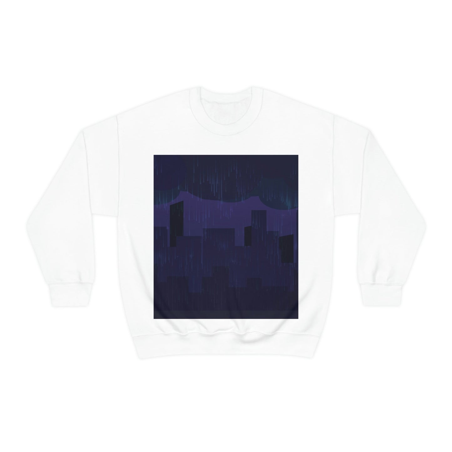 Midnight Rain In The City Thunderstorm City Silhouette View Art  Unisex Heavy Blend™ Crewneck Sweatshirt Ichaku [Perfect Gifts Selection]