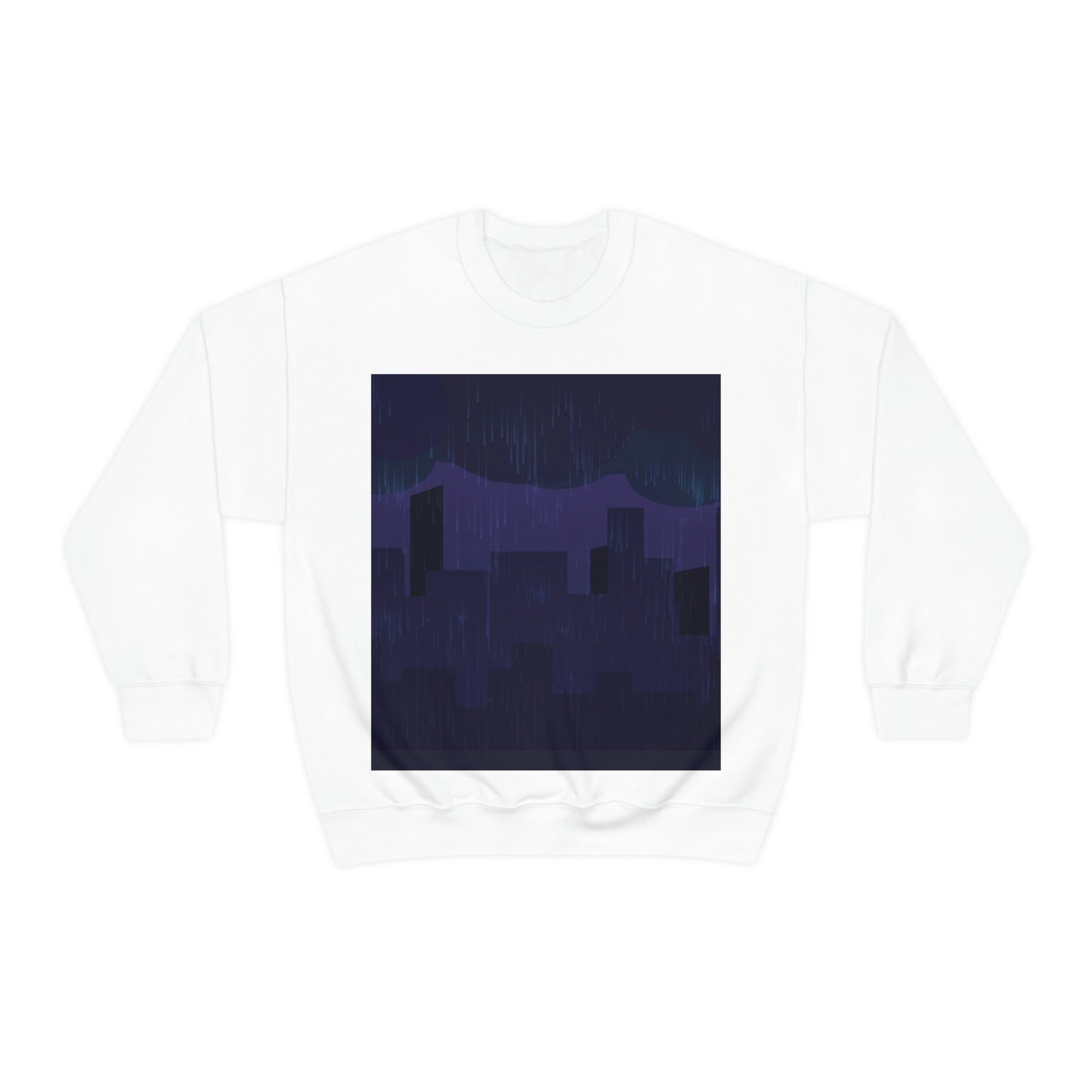 Midnight Rain In The City Thunderstorm City Silhouette View Art  Unisex Heavy Blend™ Crewneck Sweatshirt Ichaku [Perfect Gifts Selection]