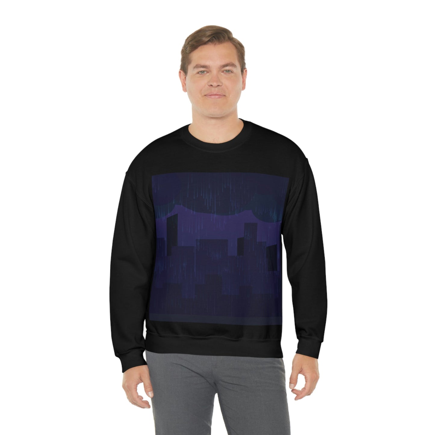 Midnight Rain In The City Thunderstorm City Silhouette View Art  Unisex Heavy Blend™ Crewneck Sweatshirt Ichaku [Perfect Gifts Selection]