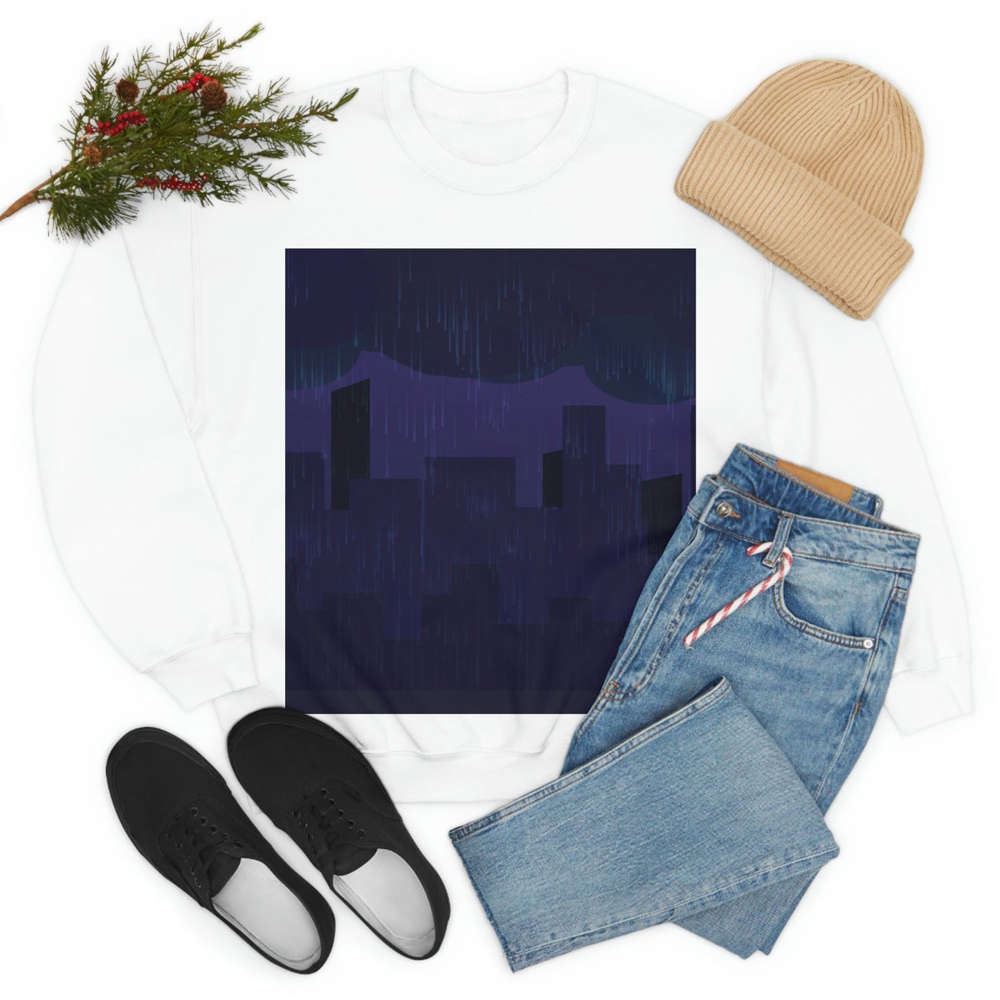 Midnight Rain In The City Thunderstorm City Silhouette View Art  Unisex Heavy Blend™ Crewneck Sweatshirt Ichaku [Perfect Gifts Selection]