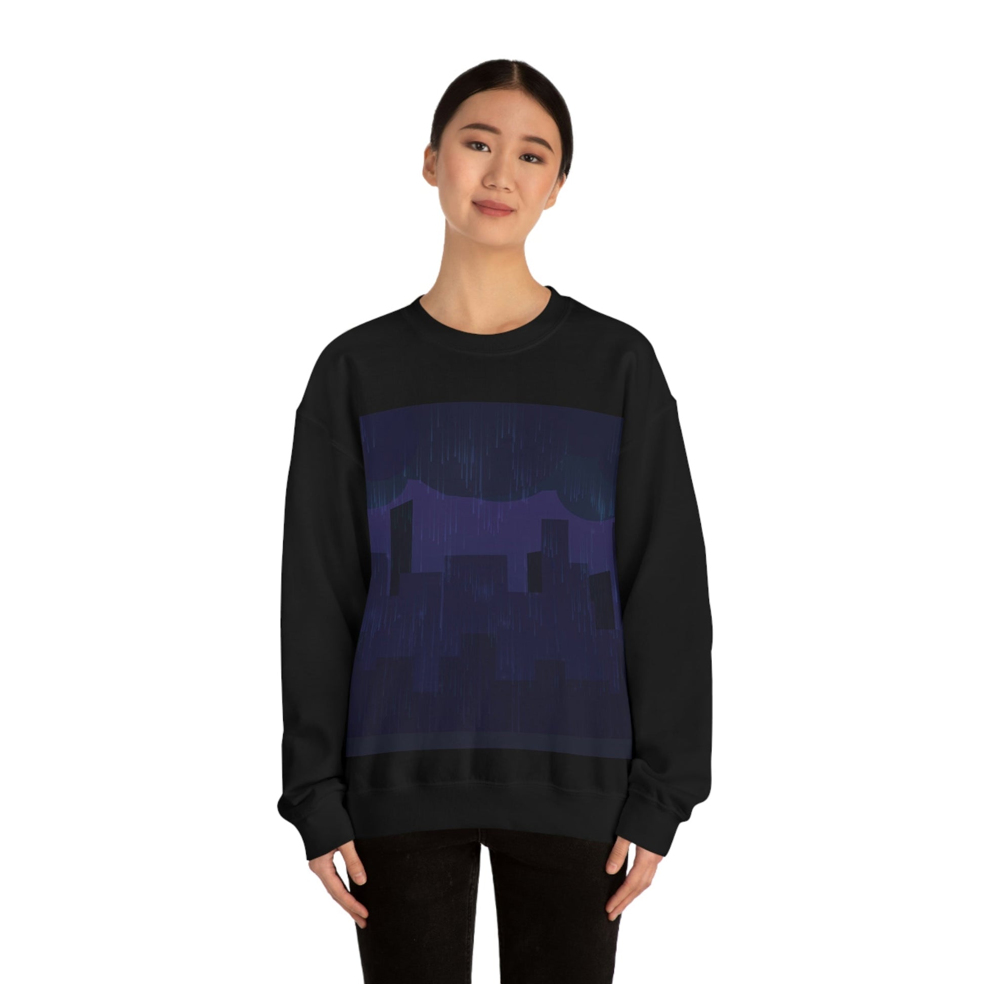 Midnight Rain In The City Thunderstorm City Silhouette View Art  Unisex Heavy Blend™ Crewneck Sweatshirt Ichaku [Perfect Gifts Selection]