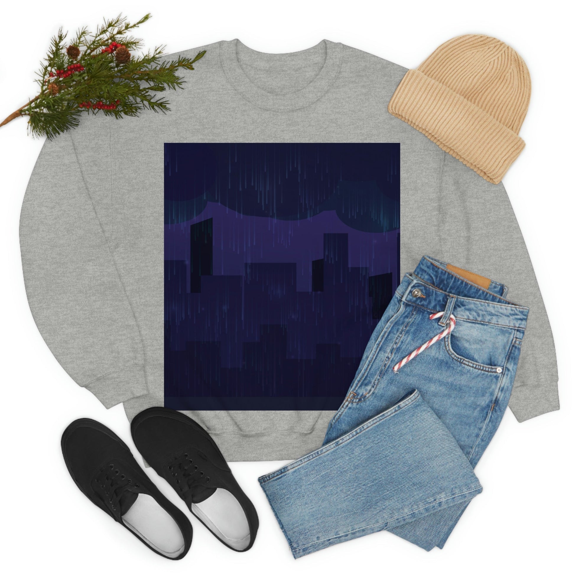 Midnight Rain In The City Thunderstorm City Silhouette View Art  Unisex Heavy Blend™ Crewneck Sweatshirt Ichaku [Perfect Gifts Selection]