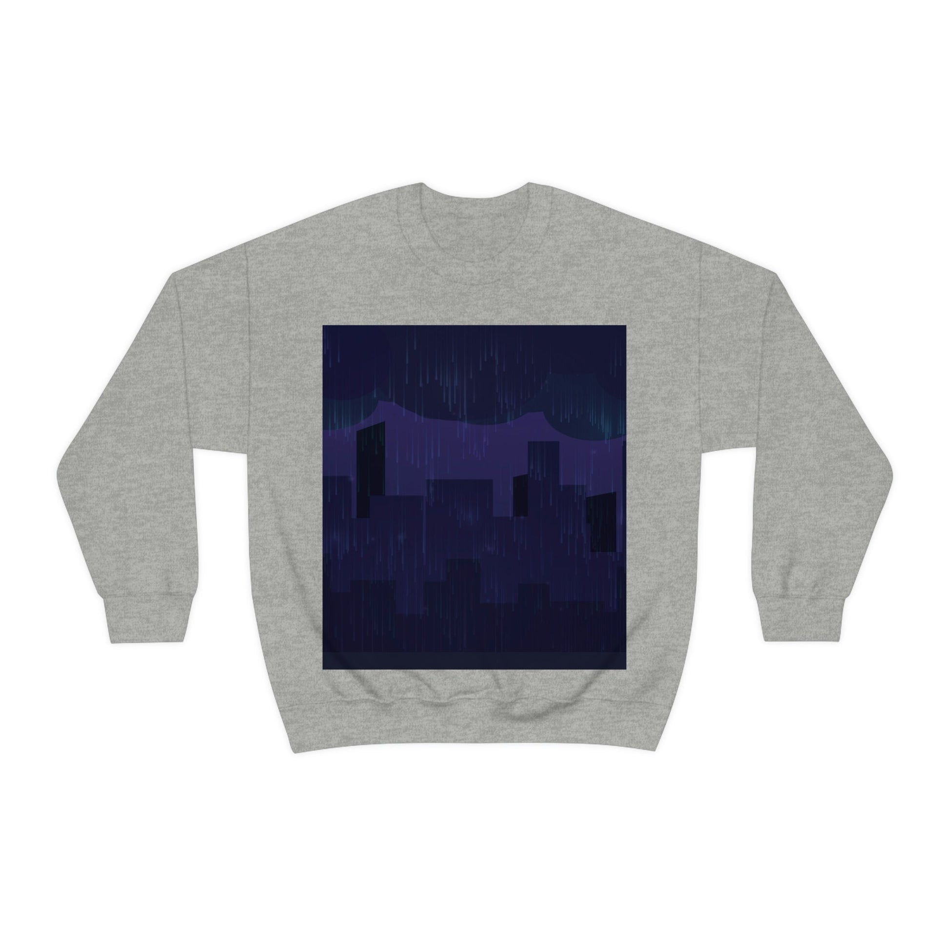 Midnight Rain In The City Thunderstorm City Silhouette View Art  Unisex Heavy Blend™ Crewneck Sweatshirt Ichaku [Perfect Gifts Selection]