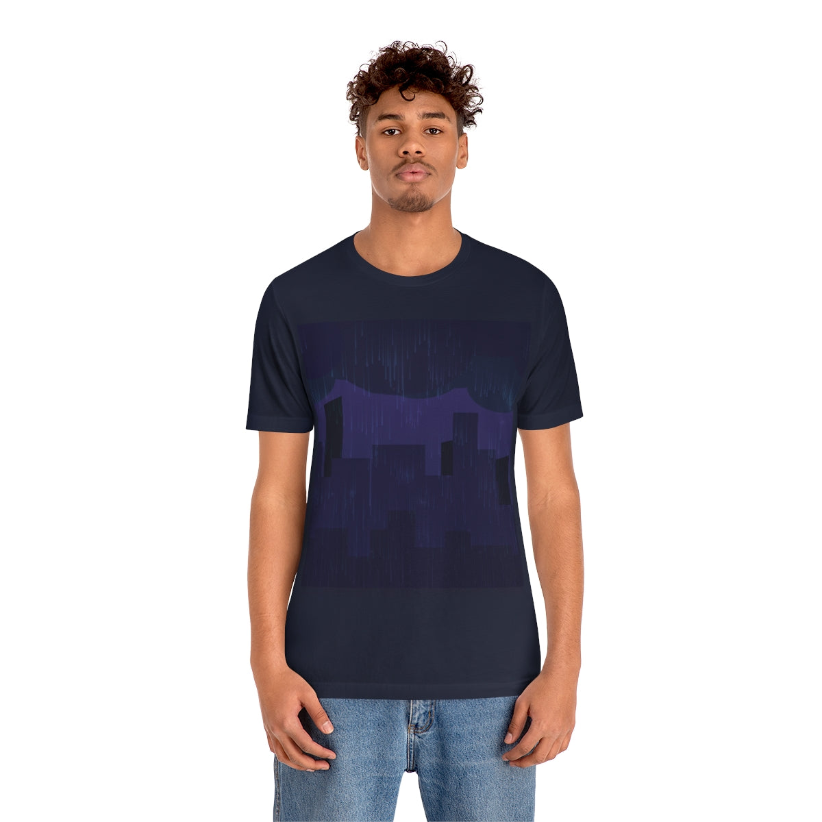 Midnight Rain In The City Thunderstorm City Silhouette View Unisex Jersey Short Sleeve T-Shirt Ichaku [Perfect Gifts Selection]