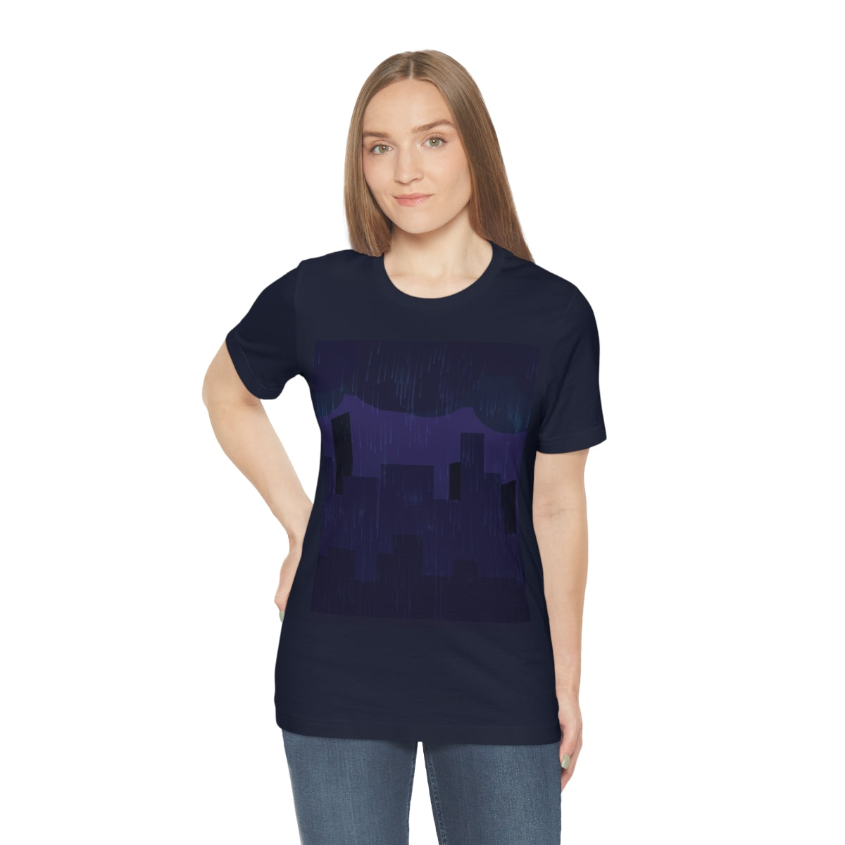 Midnight Rain In The City Thunderstorm City Silhouette View Unisex Jersey Short Sleeve T-Shirt Ichaku [Perfect Gifts Selection]