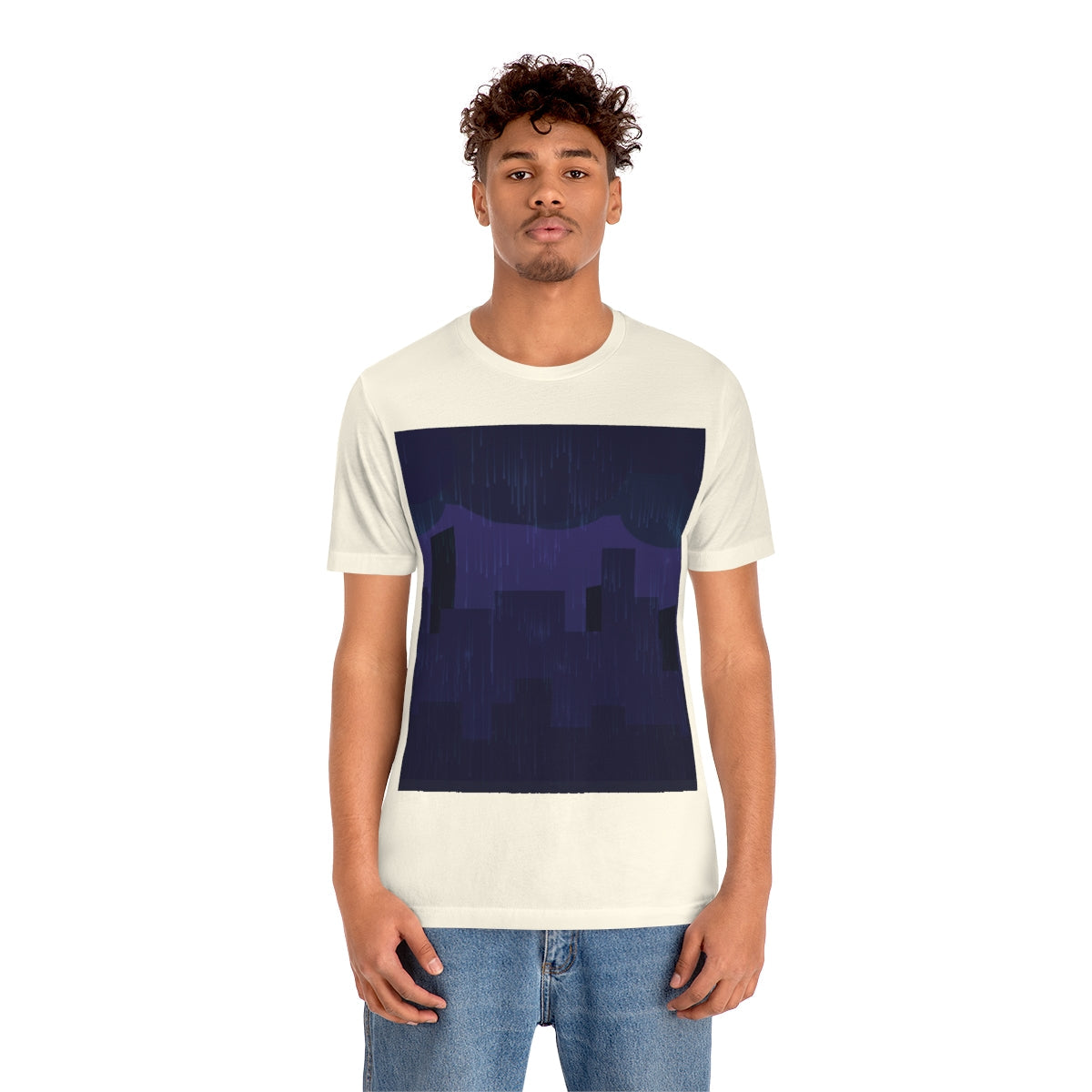 Midnight Rain In The City Thunderstorm City Silhouette View Unisex Jersey Short Sleeve T-Shirt Ichaku [Perfect Gifts Selection]