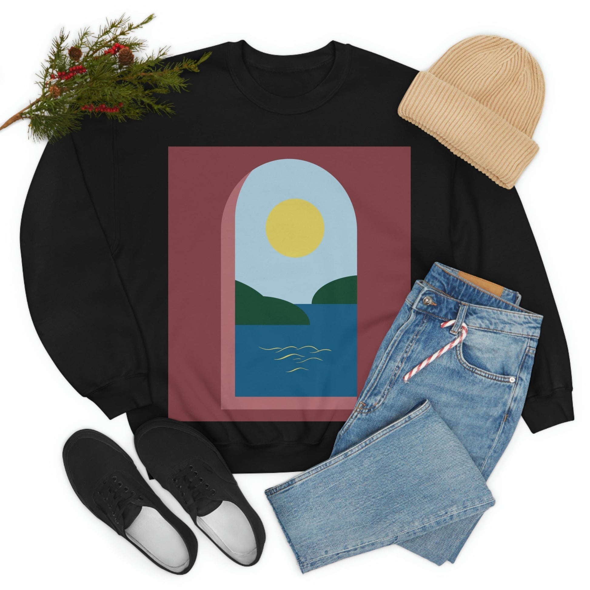 Minimal Art Print Italy Sea View Landscape Unisex Heavy Blend™ Crewneck Sweatshirt Ichaku [Perfect Gifts Selection]