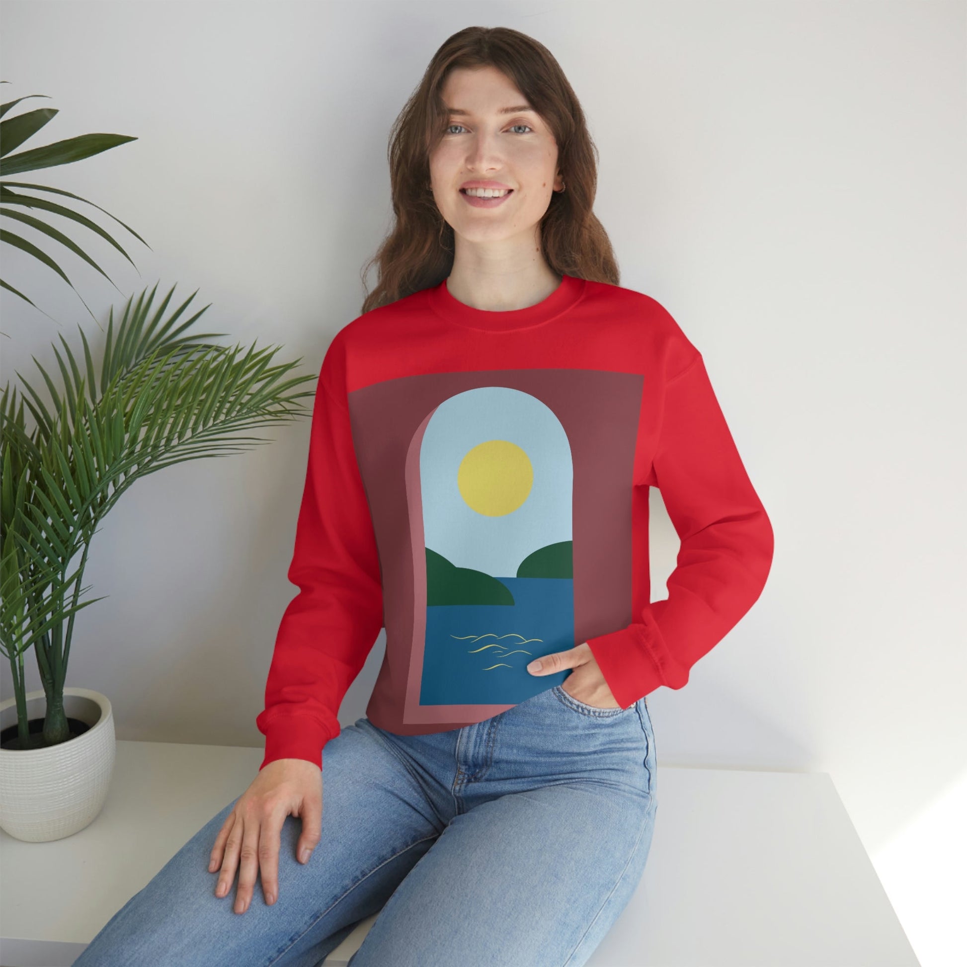 Minimal Art Print Italy Sea View Landscape Unisex Heavy Blend™ Crewneck Sweatshirt Ichaku [Perfect Gifts Selection]