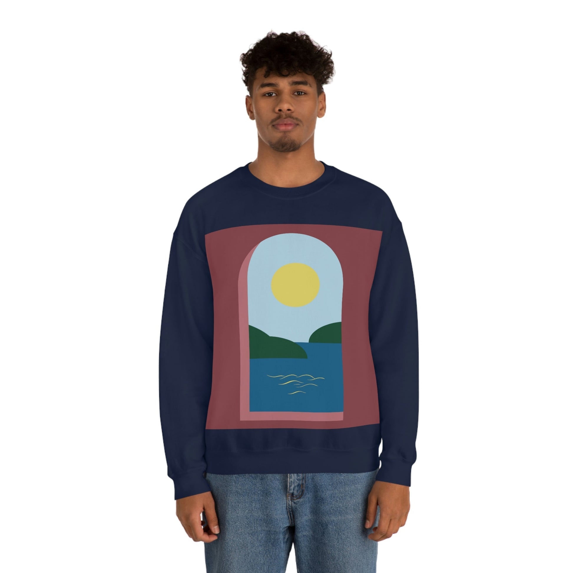 Minimal Art Print Italy Sea View Landscape Unisex Heavy Blend™ Crewneck Sweatshirt Ichaku [Perfect Gifts Selection]