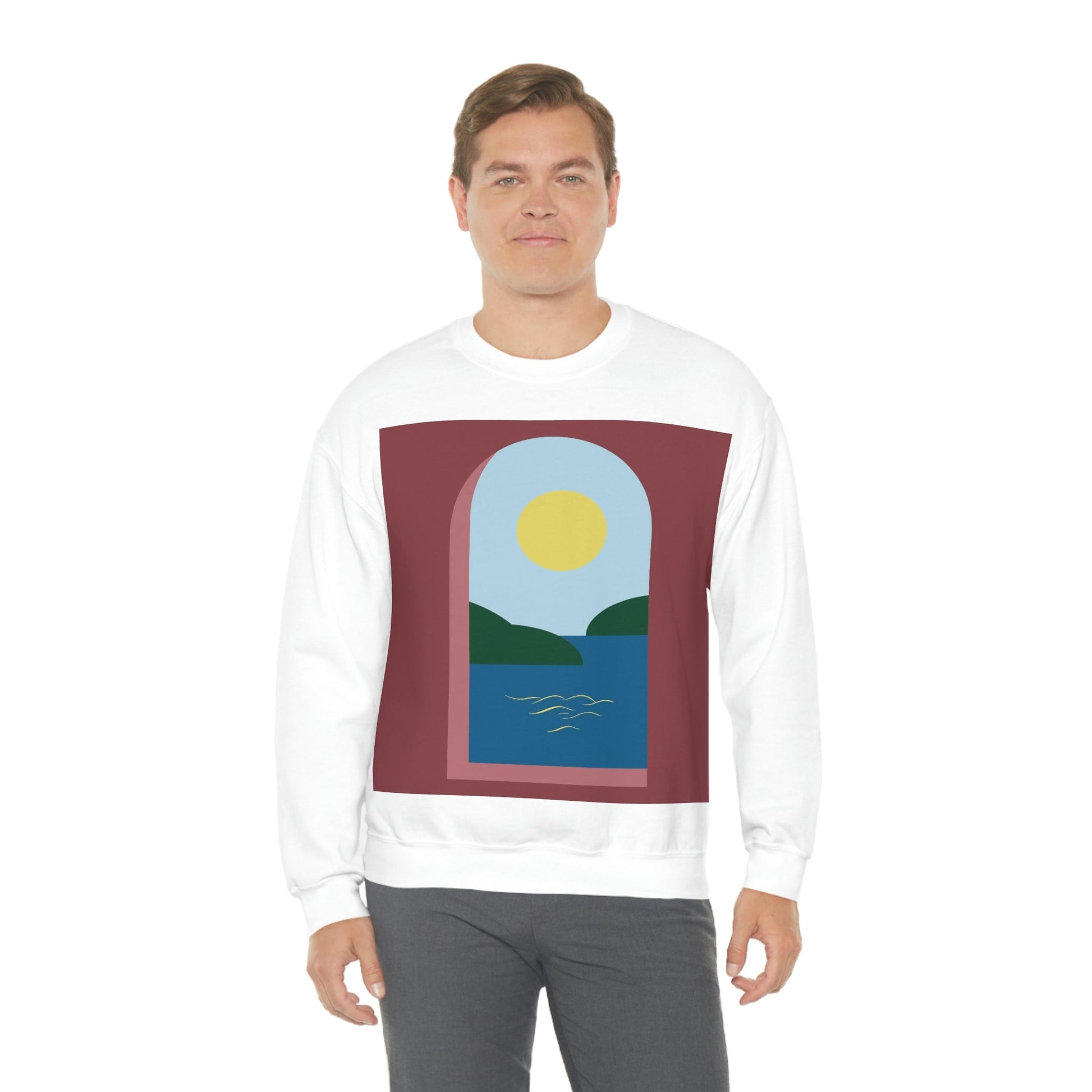 Minimal Art Print Italy Sea View Landscape Unisex Heavy Blend™ Crewneck Sweatshirt Ichaku [Perfect Gifts Selection]