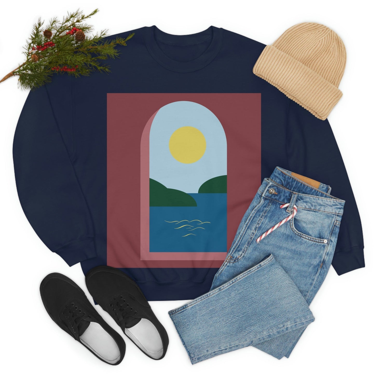 Minimal Art Print Italy Sea View Landscape Unisex Heavy Blend™ Crewneck Sweatshirt Ichaku [Perfect Gifts Selection]