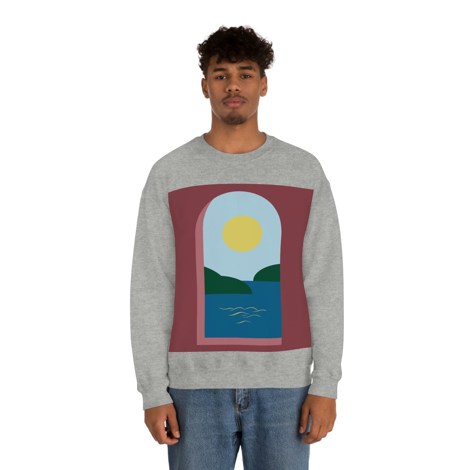 Minimal Art Print Italy Sea View Landscape Unisex Heavy Blend™ Crewneck Sweatshirt Ichaku [Perfect Gifts Selection]