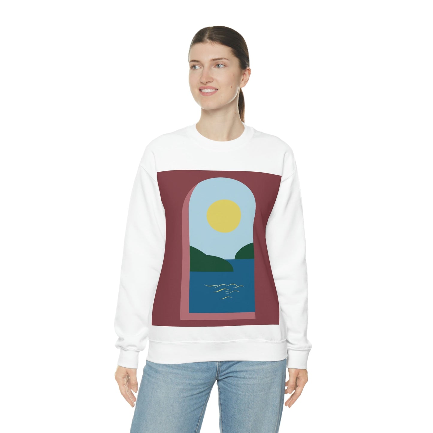 Minimal Art Print Italy Sea View Landscape Unisex Heavy Blend™ Crewneck Sweatshirt Ichaku [Perfect Gifts Selection]