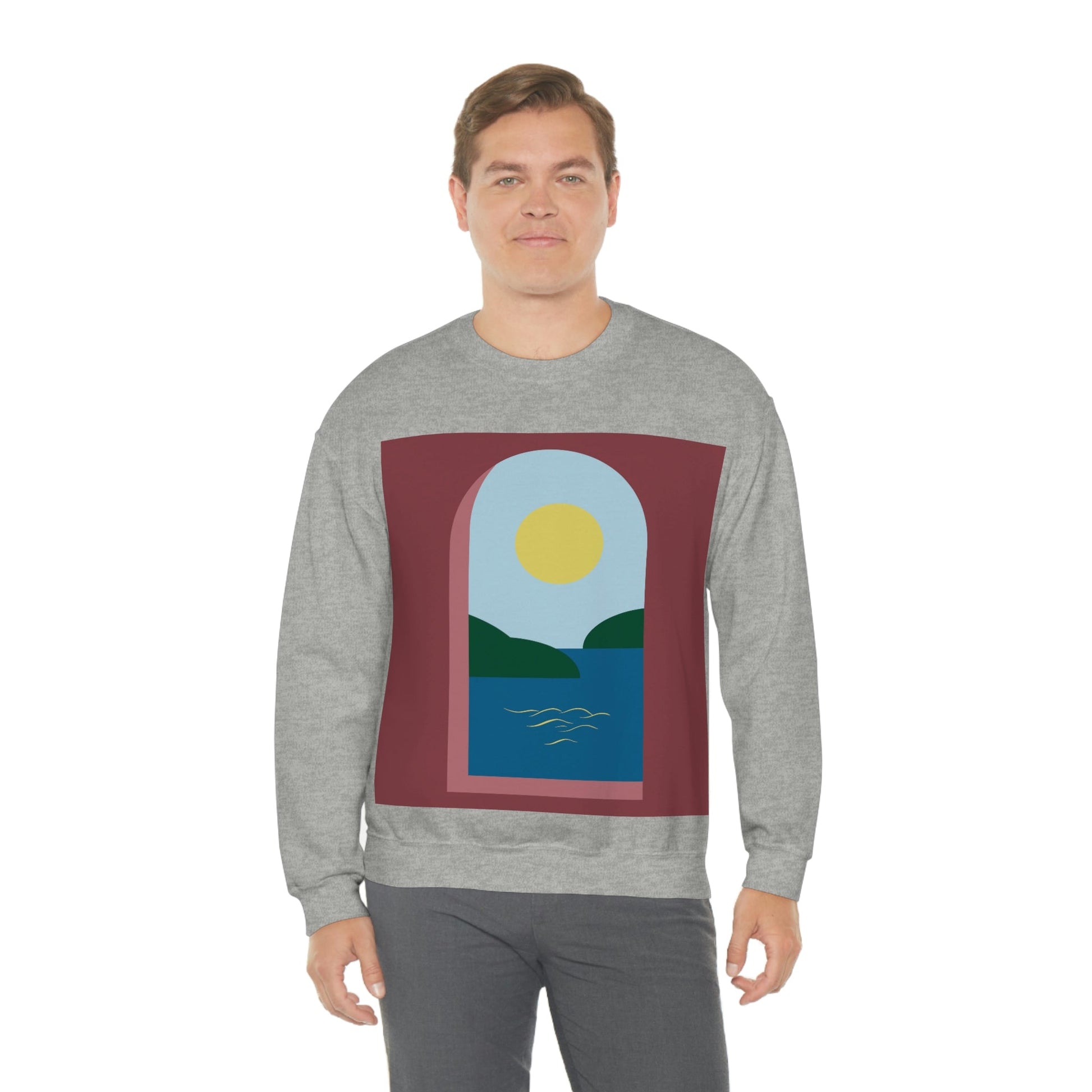 Minimal Art Print Italy Sea View Landscape Unisex Heavy Blend™ Crewneck Sweatshirt Ichaku [Perfect Gifts Selection]