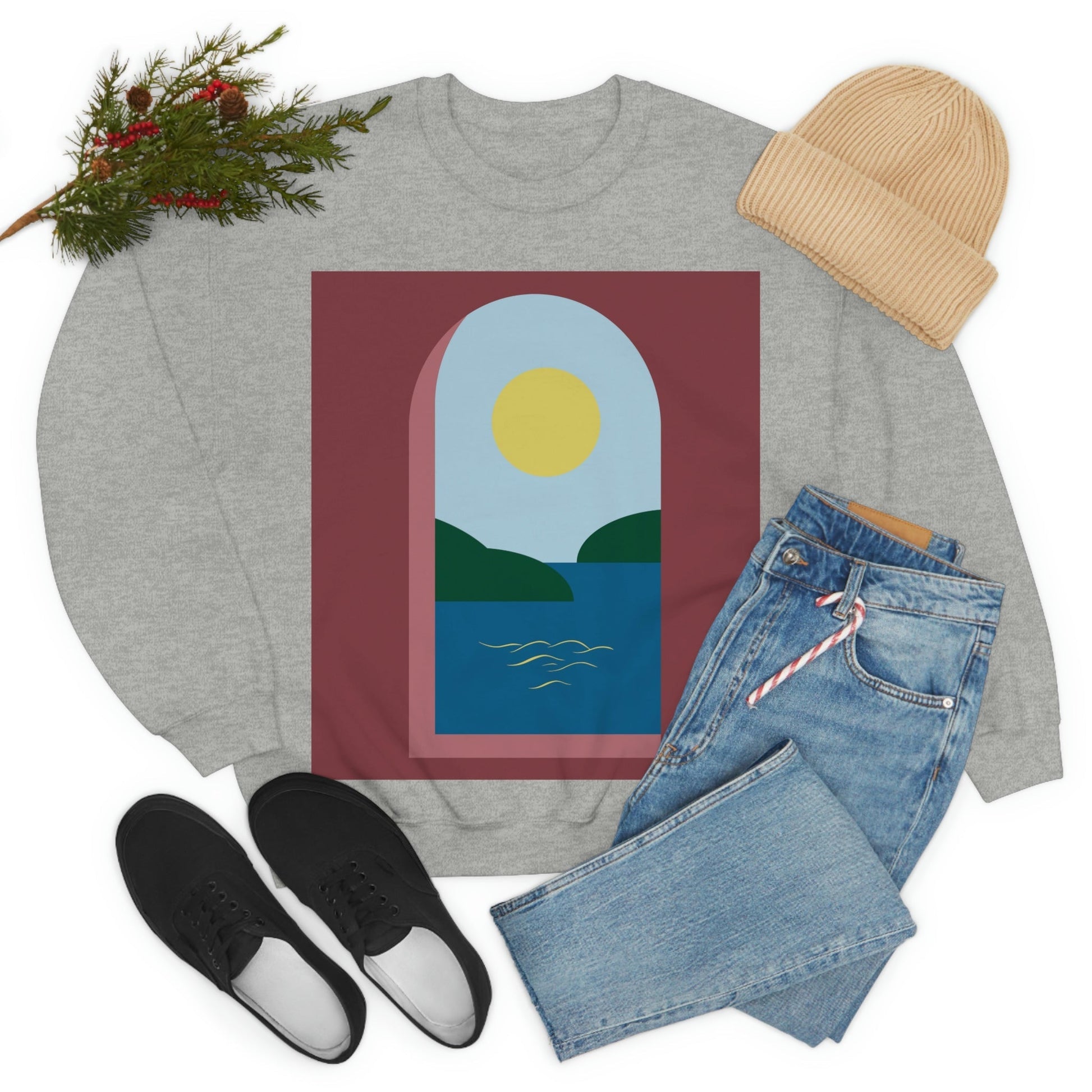 Minimal Art Print Italy Sea View Landscape Unisex Heavy Blend™ Crewneck Sweatshirt Ichaku [Perfect Gifts Selection]