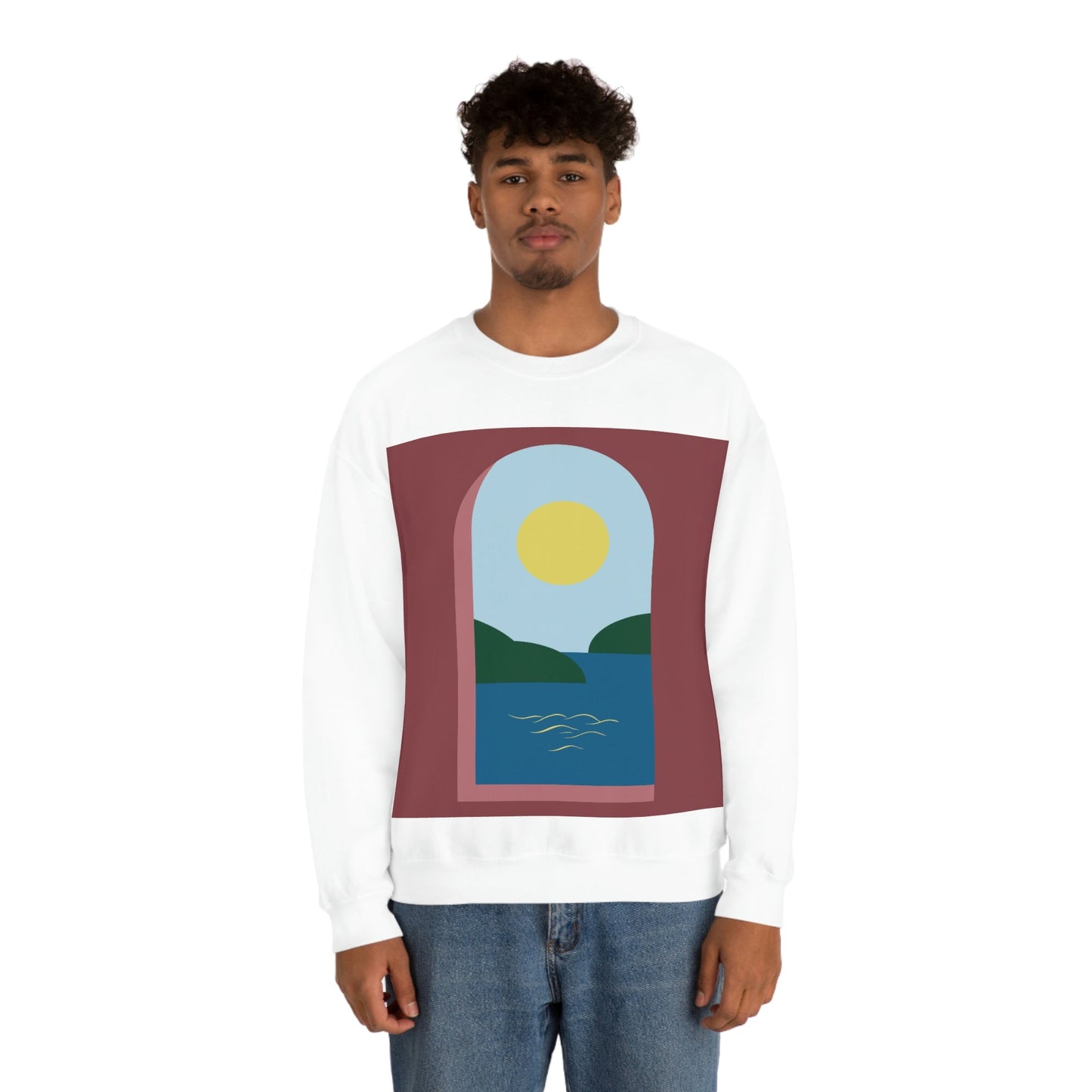 Minimal Art Print Italy Sea View Landscape Unisex Heavy Blend™ Crewneck Sweatshirt Ichaku [Perfect Gifts Selection]