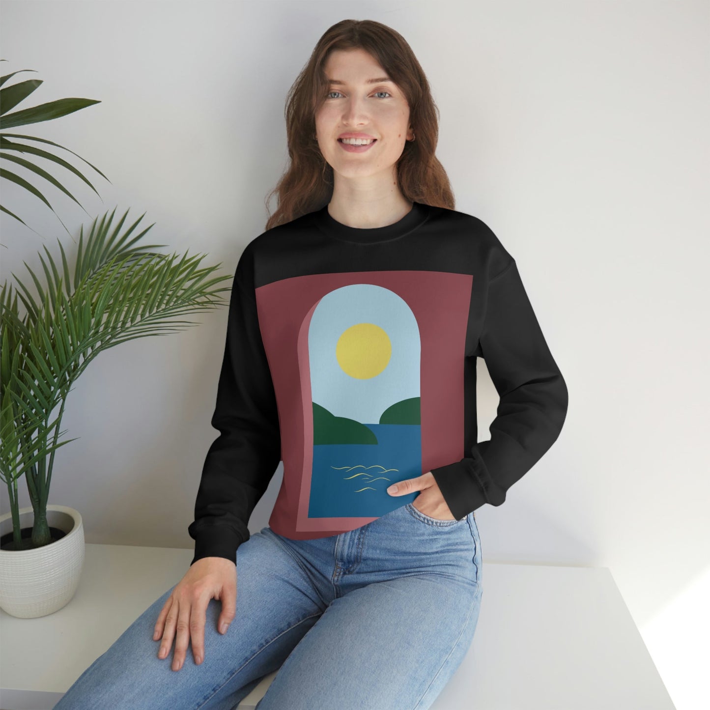 Minimal Art Print Italy Sea View Landscape Unisex Heavy Blend™ Crewneck Sweatshirt Ichaku [Perfect Gifts Selection]