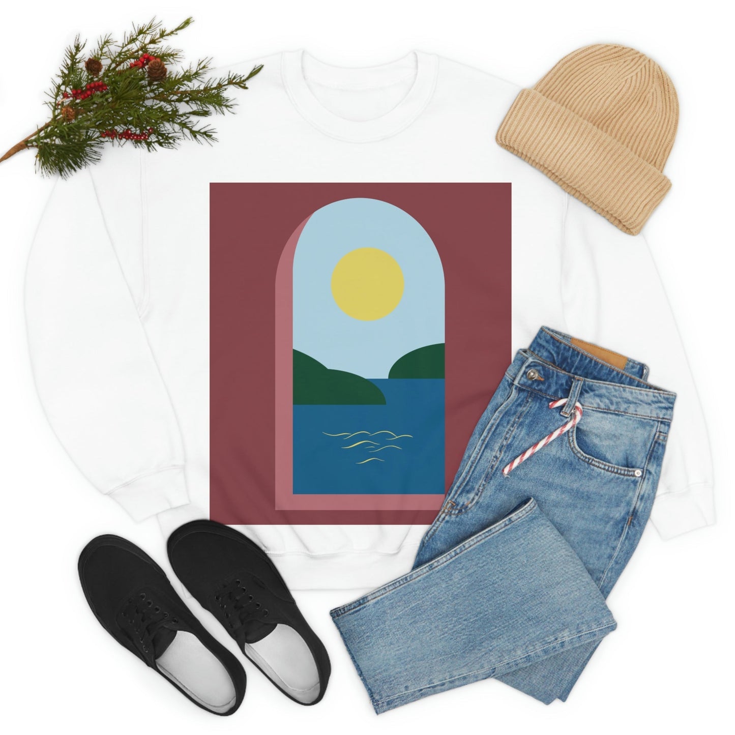 Minimal Art Print Italy Sea View Landscape Unisex Heavy Blend™ Crewneck Sweatshirt Ichaku [Perfect Gifts Selection]