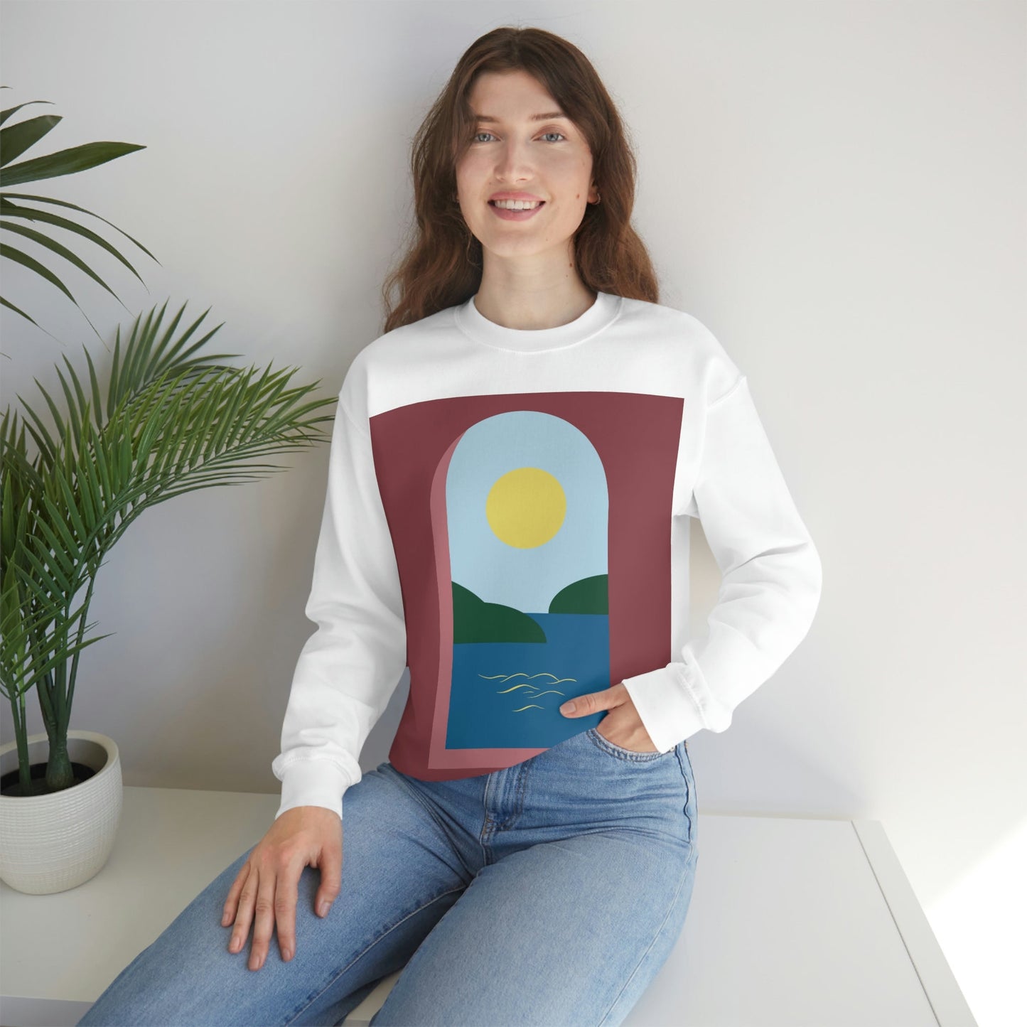 Minimal Art Print Italy Sea View Landscape Unisex Heavy Blend™ Crewneck Sweatshirt Ichaku [Perfect Gifts Selection]