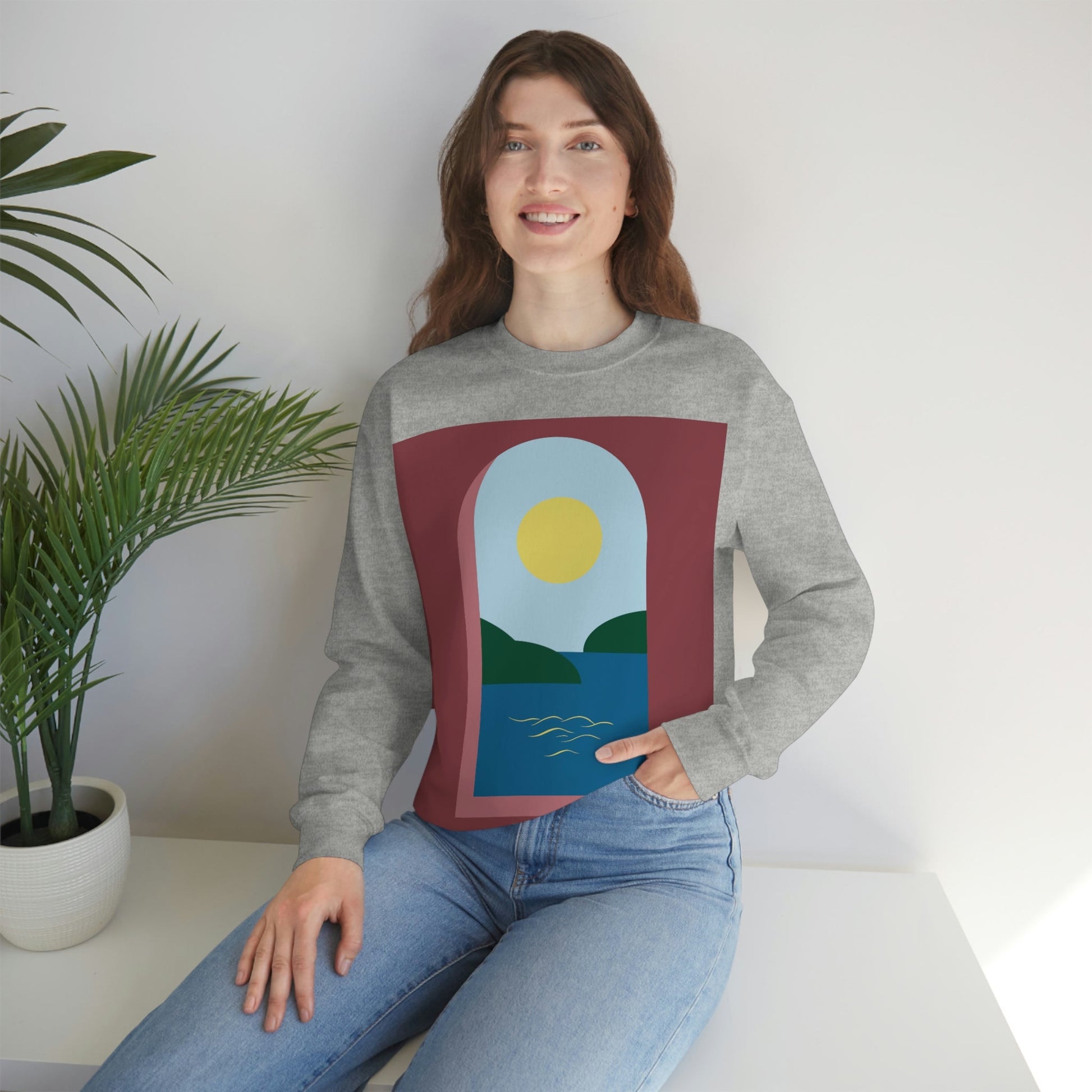 Minimal Art Print Italy Sea View Landscape Unisex Heavy Blend™ Crewneck Sweatshirt Ichaku [Perfect Gifts Selection]