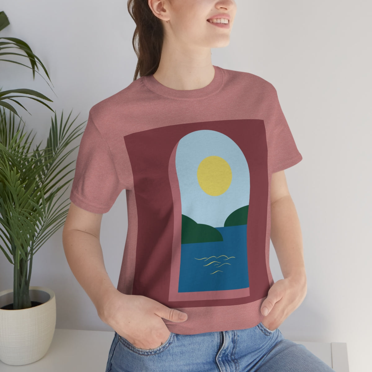 Minimal Art Print Italy Sea View Landscape Unisex Jersey Short Sleeve T-Shirt Ichaku [Perfect Gifts Selection]