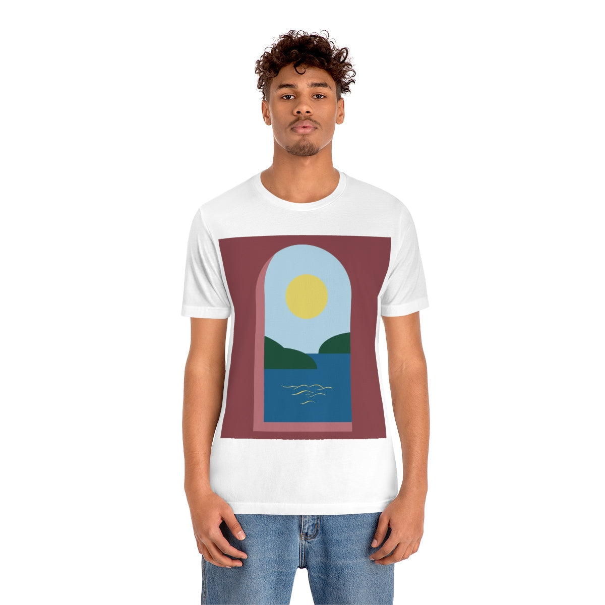 Minimal Art Print Italy Sea View Landscape Unisex Jersey Short Sleeve T-Shirt Ichaku [Perfect Gifts Selection]