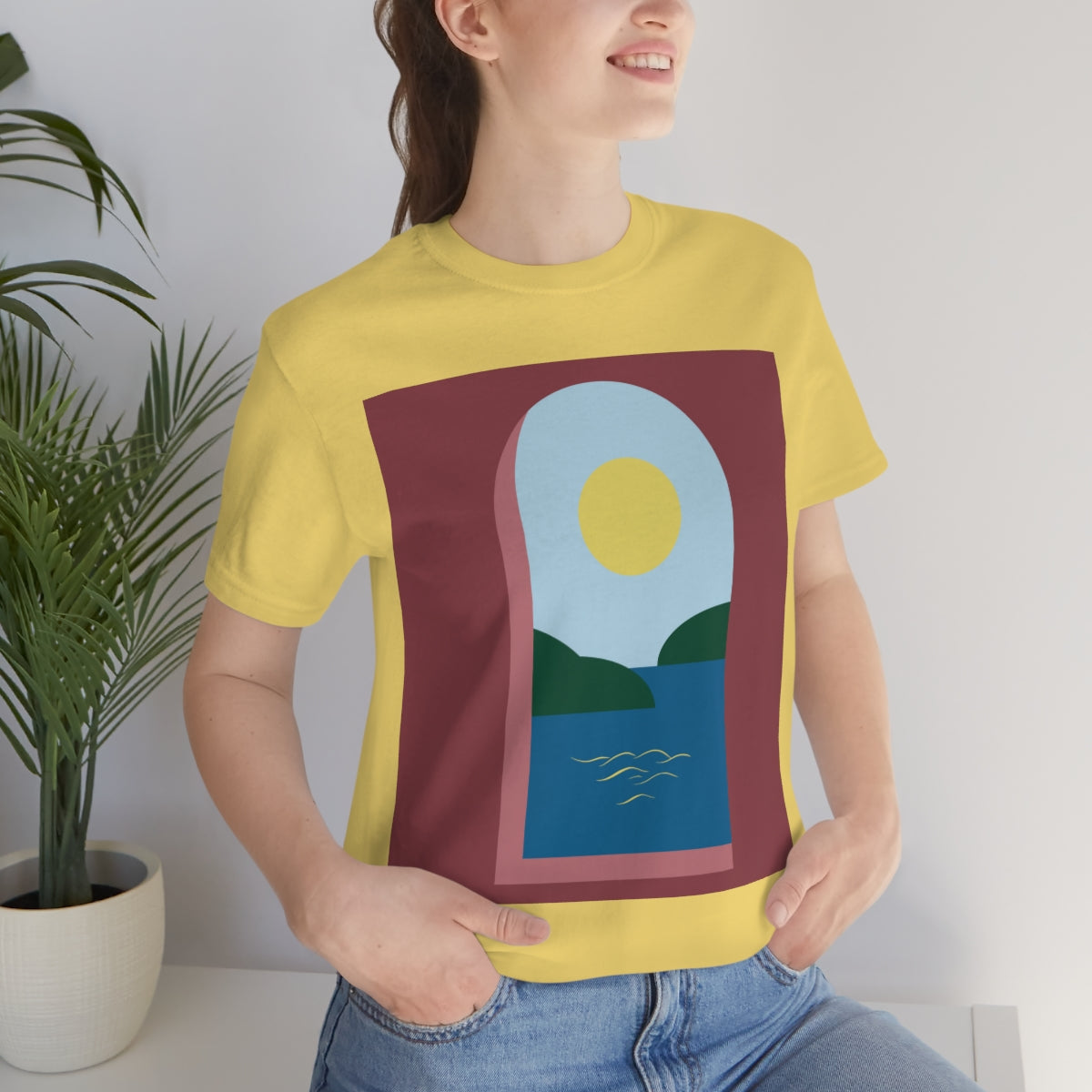 Minimal Art Print Italy Sea View Landscape Unisex Jersey Short Sleeve T-Shirt Ichaku [Perfect Gifts Selection]