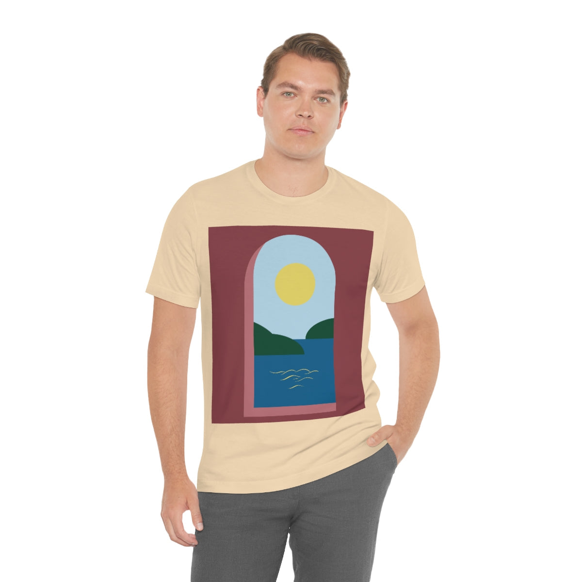 Minimal Art Print Italy Sea View Landscape Unisex Jersey Short Sleeve T-Shirt Ichaku [Perfect Gifts Selection]