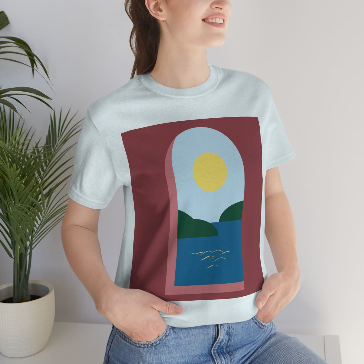 Minimal Art Print Italy Sea View Landscape Unisex Jersey Short Sleeve T-Shirt Ichaku [Perfect Gifts Selection]