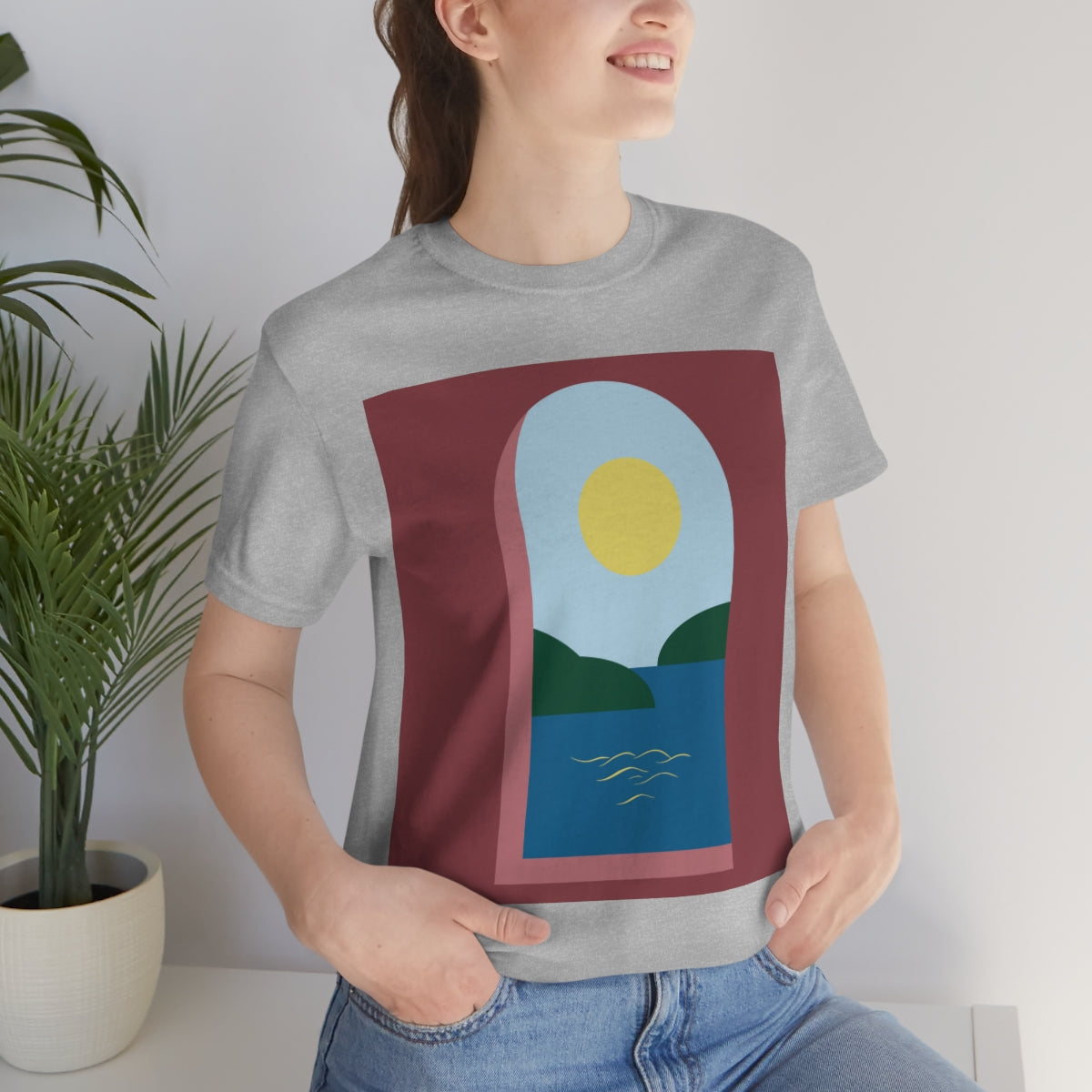 Minimal Art Print Italy Sea View Landscape Unisex Jersey Short Sleeve T-Shirt Ichaku [Perfect Gifts Selection]