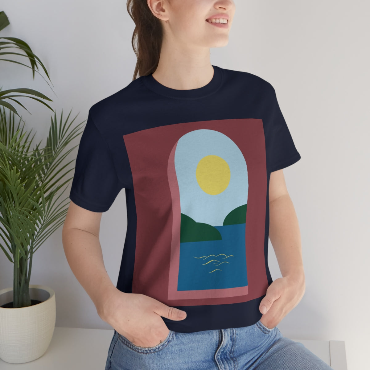 Minimal Art Print Italy Sea View Landscape Unisex Jersey Short Sleeve T-Shirt Ichaku [Perfect Gifts Selection]