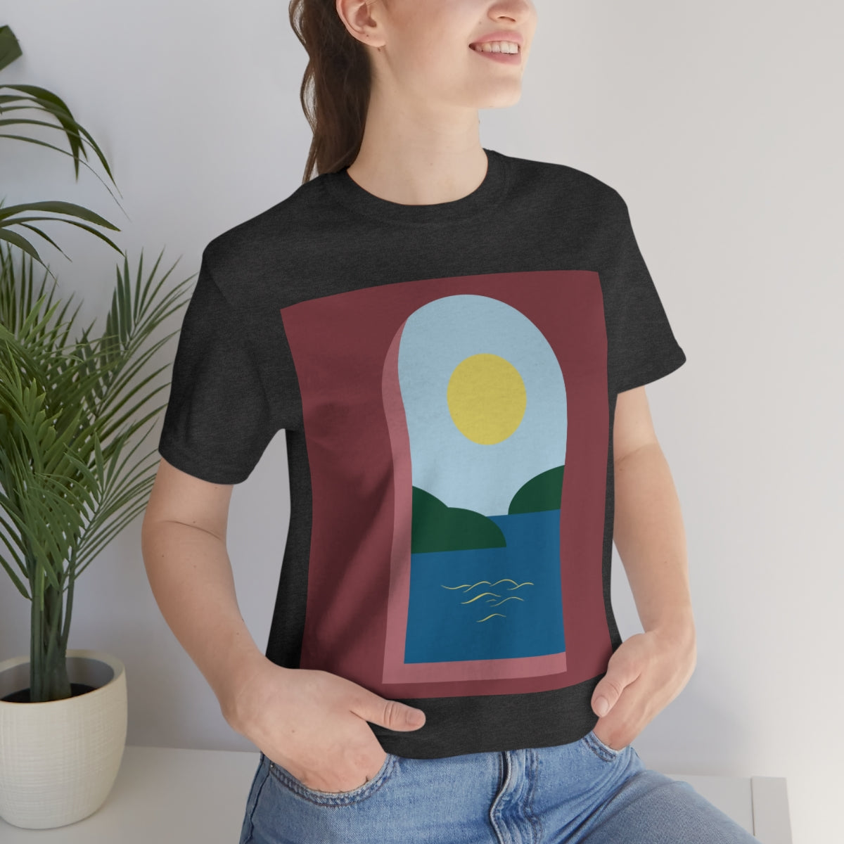 Minimal Art Print Italy Sea View Landscape Unisex Jersey Short Sleeve T-Shirt Ichaku [Perfect Gifts Selection]