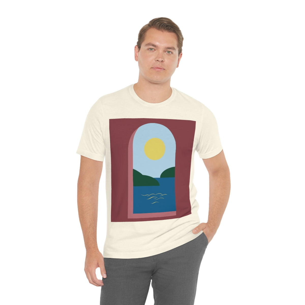 Minimal Art Print Italy Sea View Landscape Unisex Jersey Short Sleeve T-Shirt Ichaku [Perfect Gifts Selection]