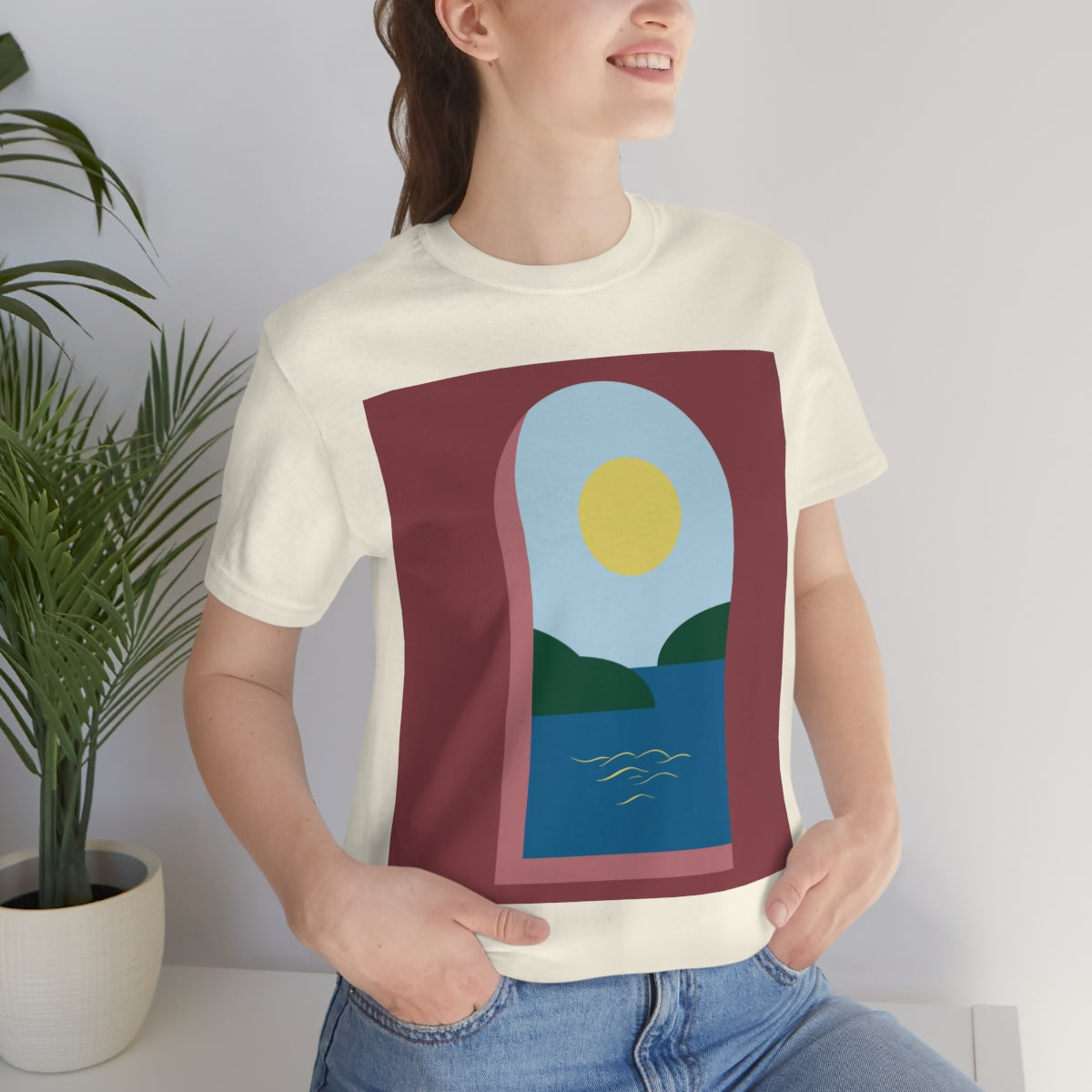 Minimal Art Print Italy Sea View Landscape Unisex Jersey Short Sleeve T-Shirt Ichaku [Perfect Gifts Selection]