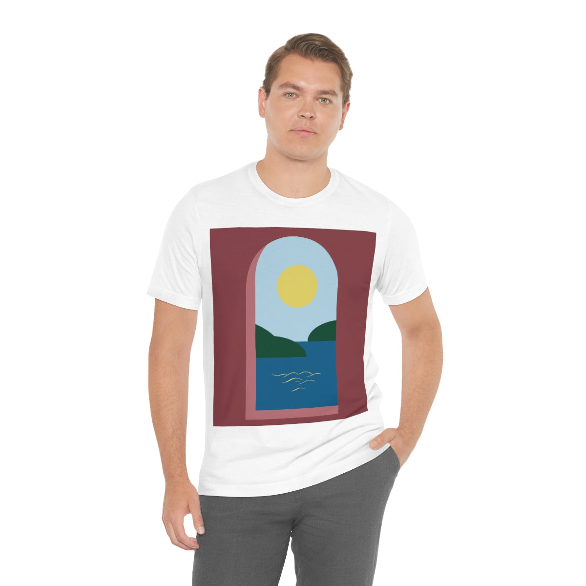 Minimal Art Print Italy Sea View Landscape Unisex Jersey Short Sleeve T-Shirt Ichaku [Perfect Gifts Selection]