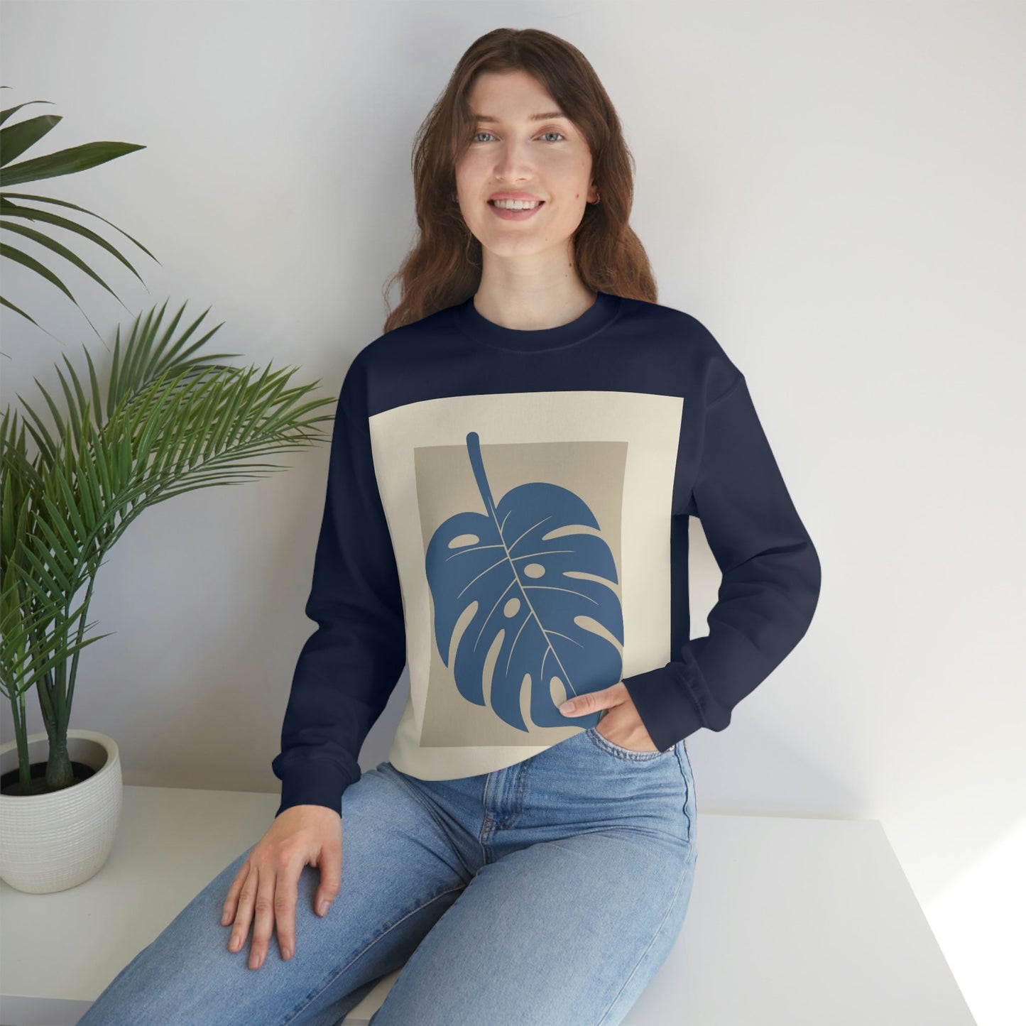 Monstera Leaf Modern Minimal Art Plant Unisex Heavy Blend™ Crewneck Sweatshirt Ichaku [Perfect Gifts Selection]