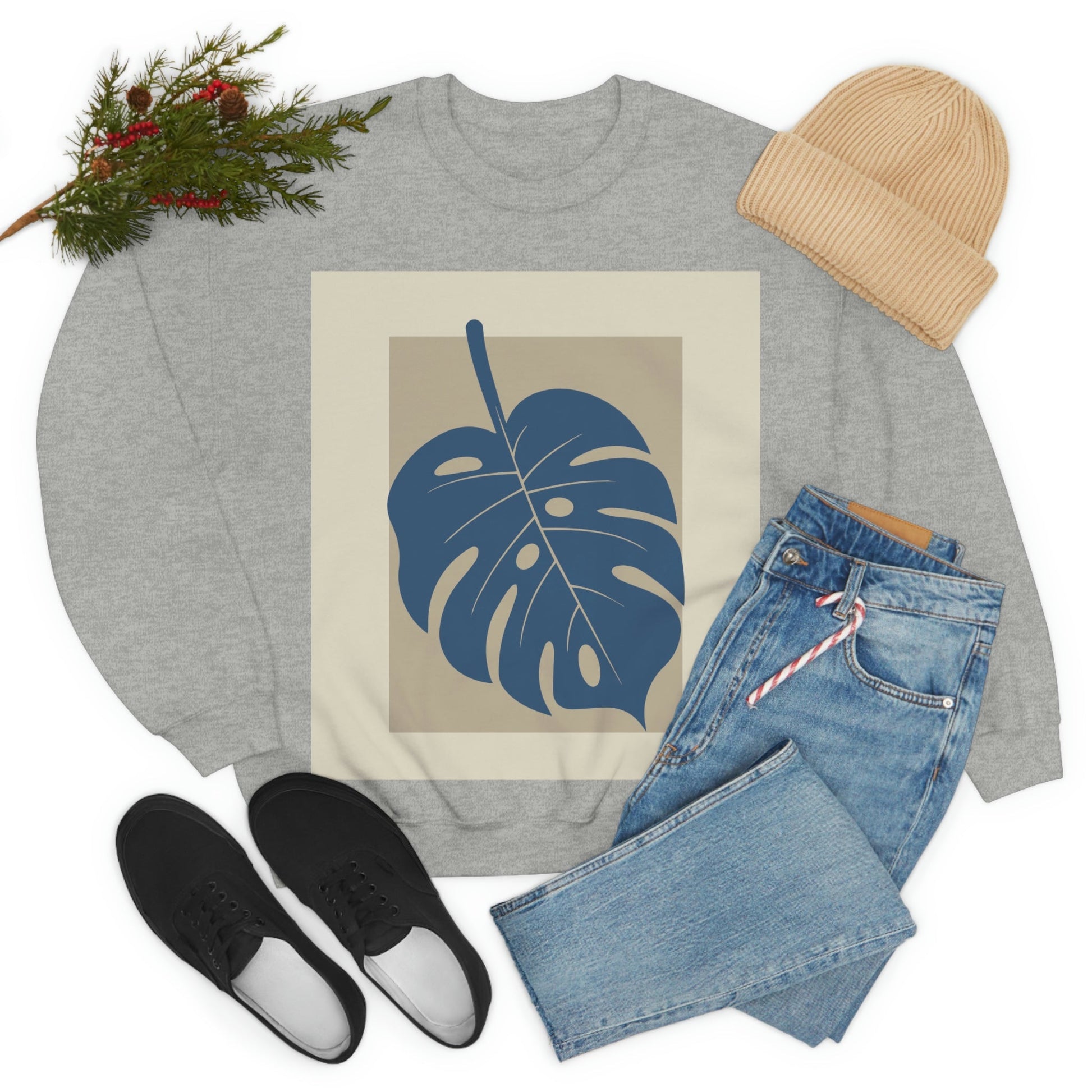 Monstera Leaf Modern Minimal Art Plant Unisex Heavy Blend™ Crewneck Sweatshirt Ichaku [Perfect Gifts Selection]