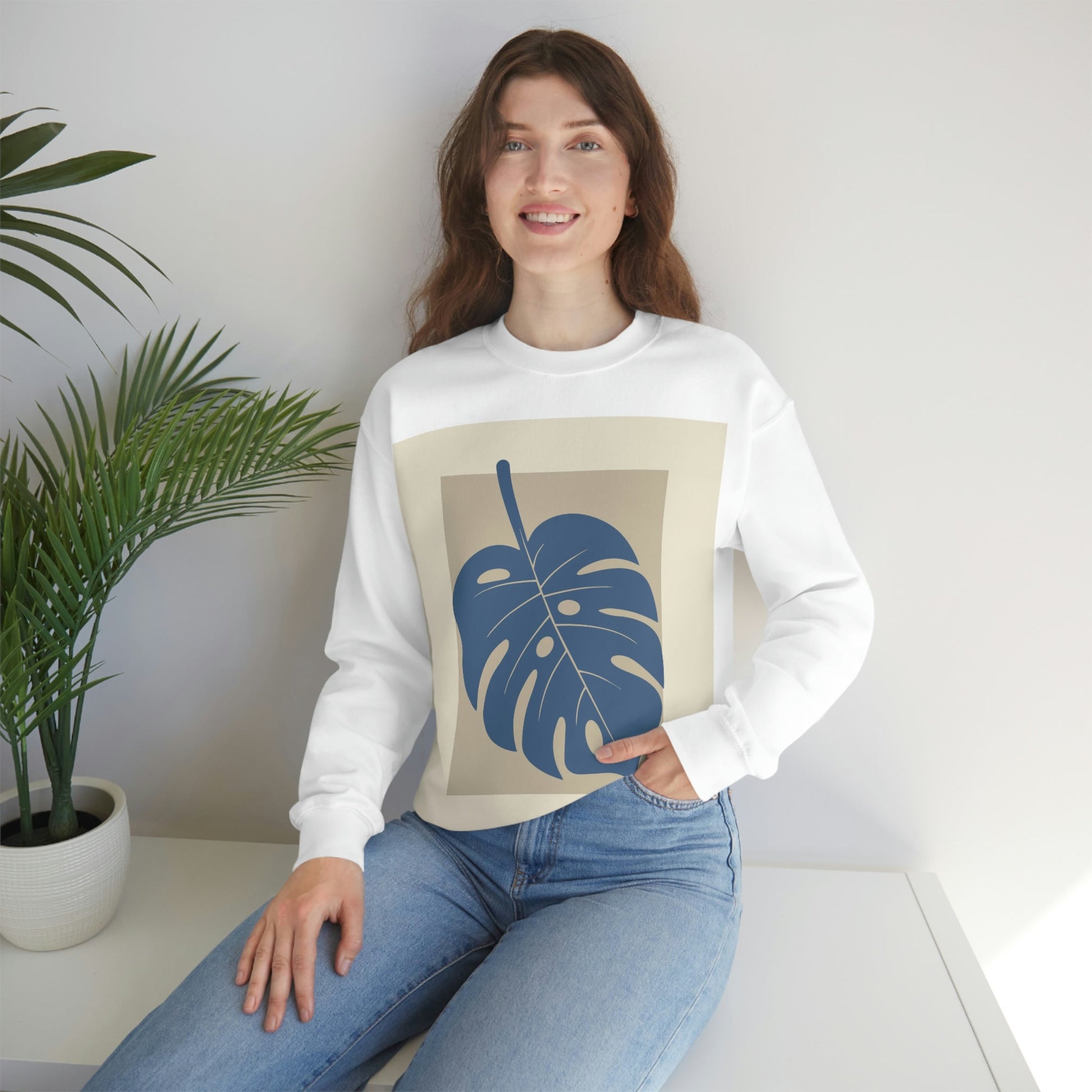 Monstera Leaf Modern Minimal Art Plant Unisex Heavy Blend™ Crewneck Sweatshirt Ichaku [Perfect Gifts Selection]