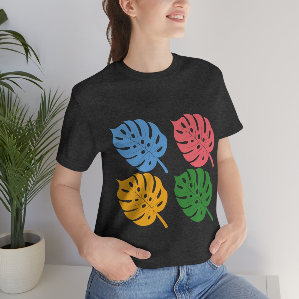 Monstera Leaves Colour Plant Pattern Houseplant Unisex Jersey Short Sleeve T-Shirt Ichaku [Perfect Gifts Selection]