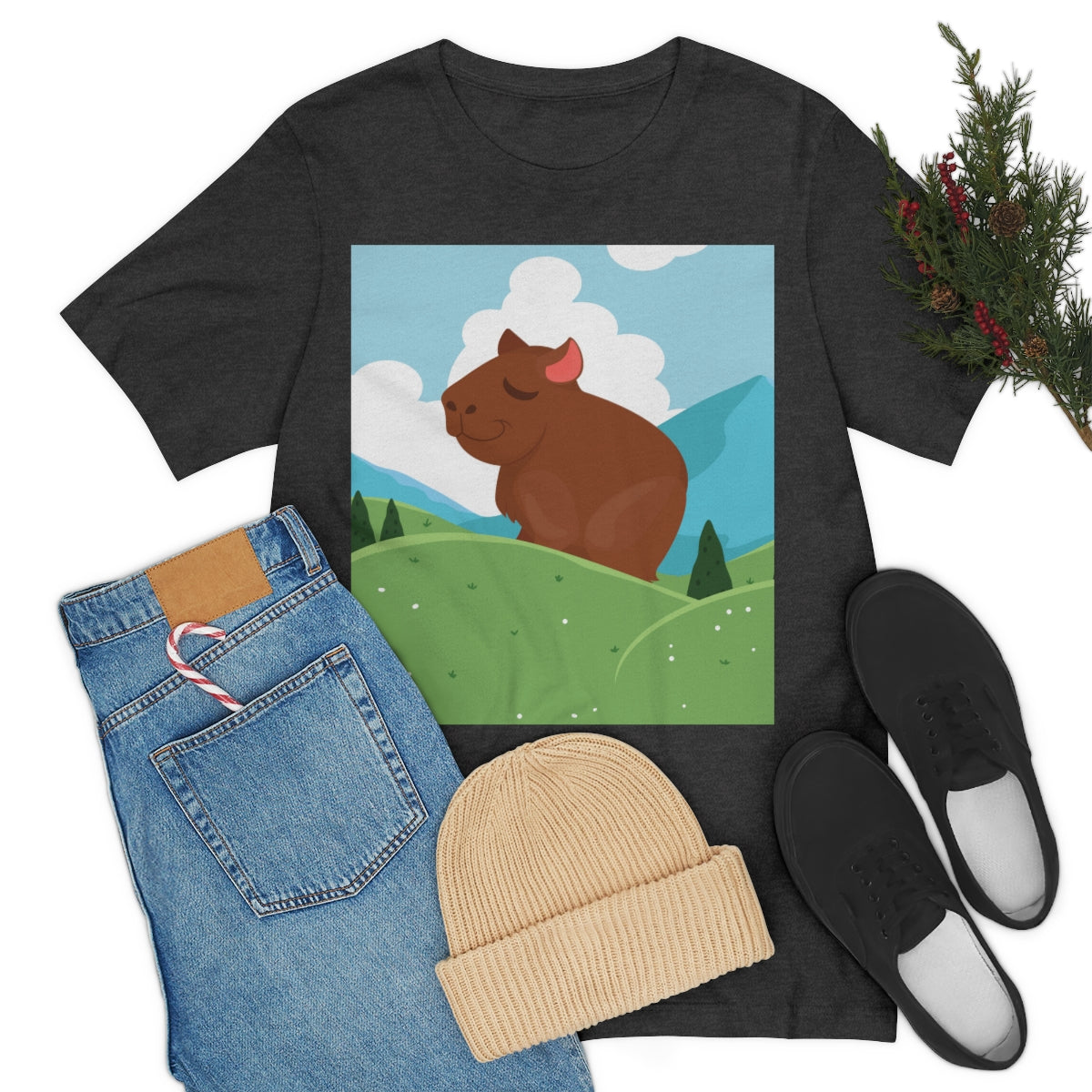 Mountain Wild Capybara Cute Funny Anime Art Cartoon Unisex Jersey Short Sleeve T-Shirt Ichaku [Perfect Gifts Selection]