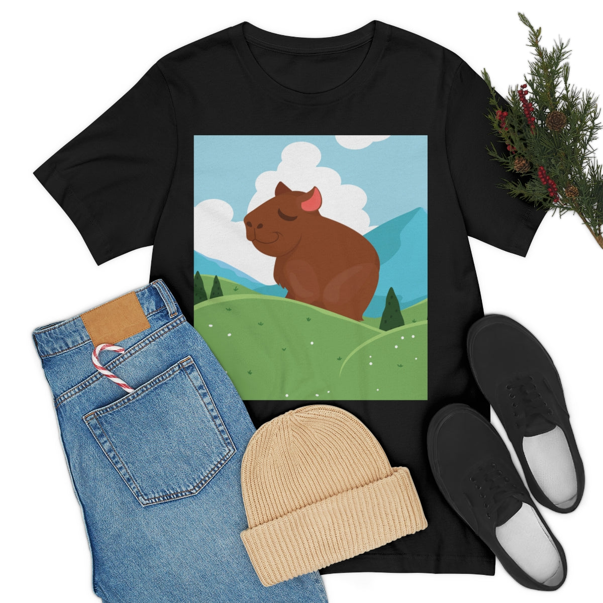 Mountain Wild Capybara Cute Funny Anime Art Cartoon Unisex Jersey Short Sleeve T-Shirt Ichaku [Perfect Gifts Selection]