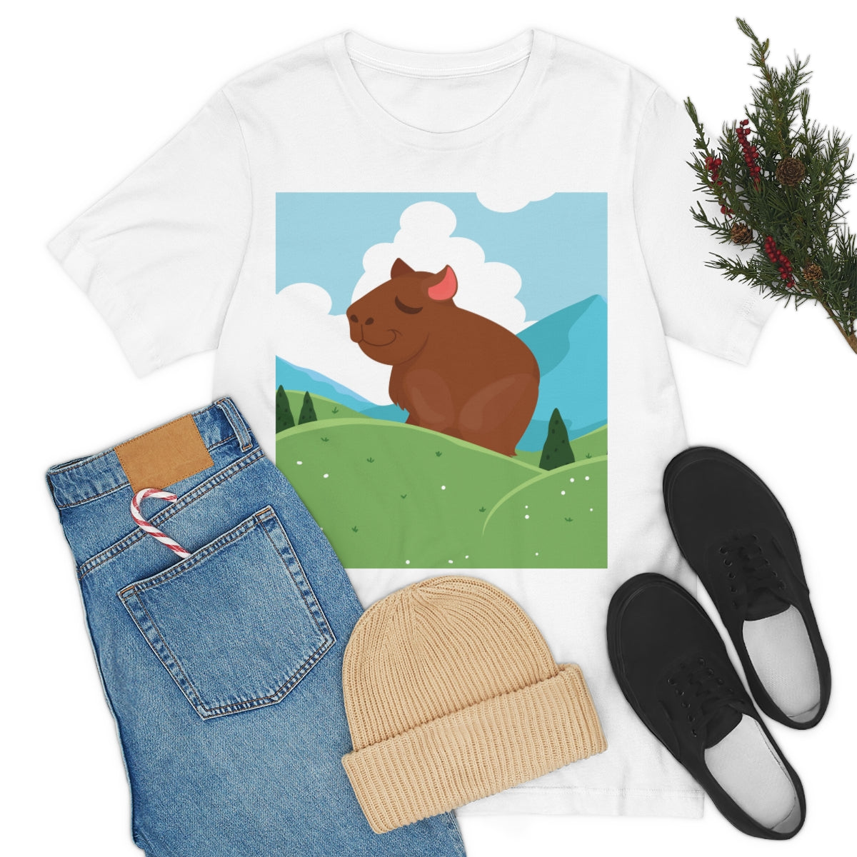 Mountain Wild Capybara Cute Funny Anime Art Cartoon Unisex Jersey Short Sleeve T-Shirt Ichaku [Perfect Gifts Selection]