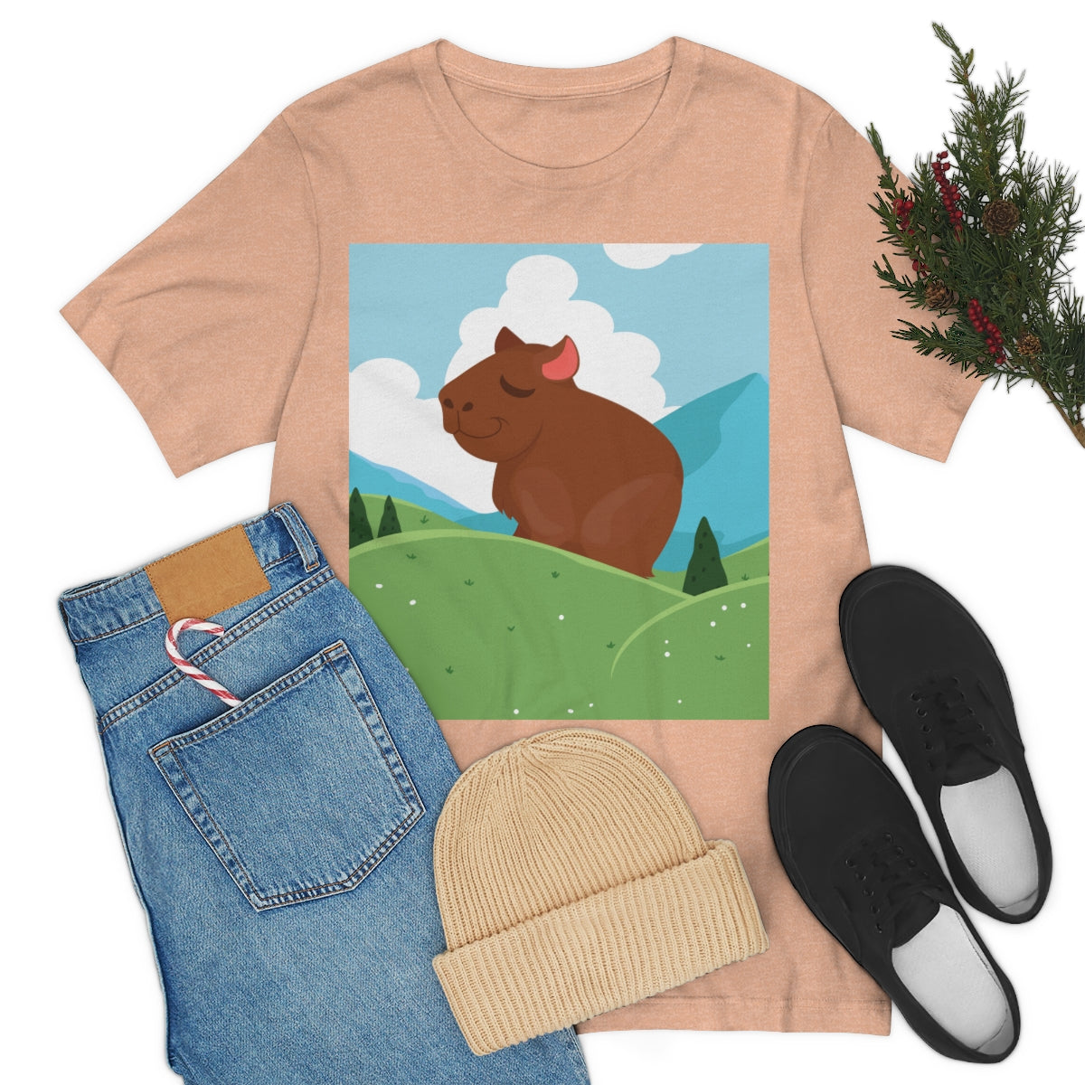 Mountain Wild Capybara Cute Funny Anime Art Cartoon Unisex Jersey Short Sleeve T-Shirt Ichaku [Perfect Gifts Selection]