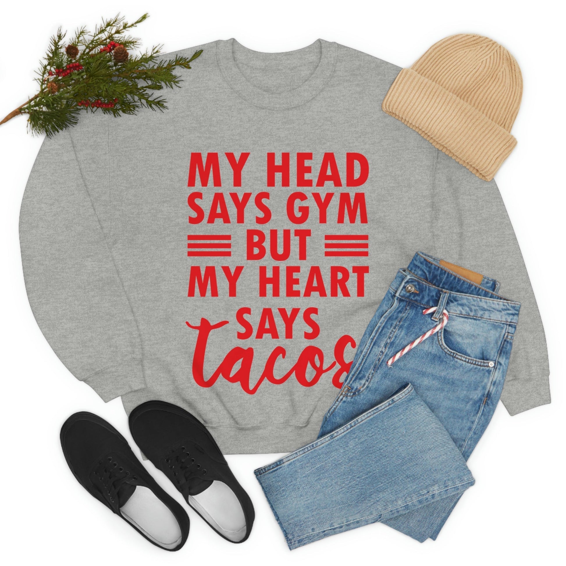 My Head Says Gym But My Heart Says Tacos Food Quotes Unisex Heavy Blend™ Crewneck Sweatshirt Ichaku [Perfect Gifts Selection]