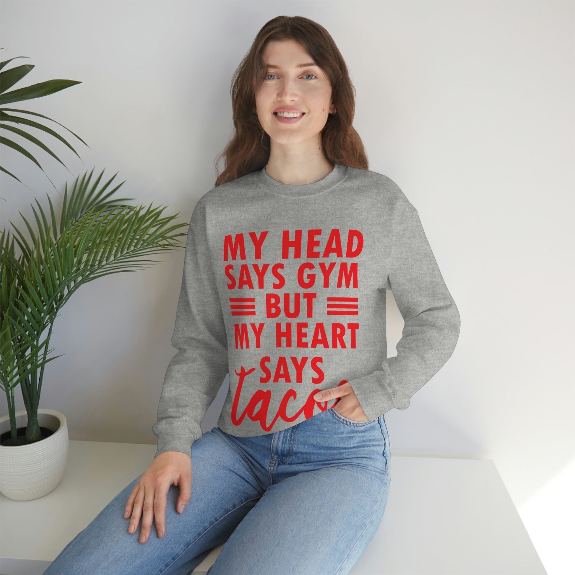 My Head Says Gym But My Heart Says Tacos Food Quotes Unisex Heavy Blend™ Crewneck Sweatshirt Ichaku [Perfect Gifts Selection]