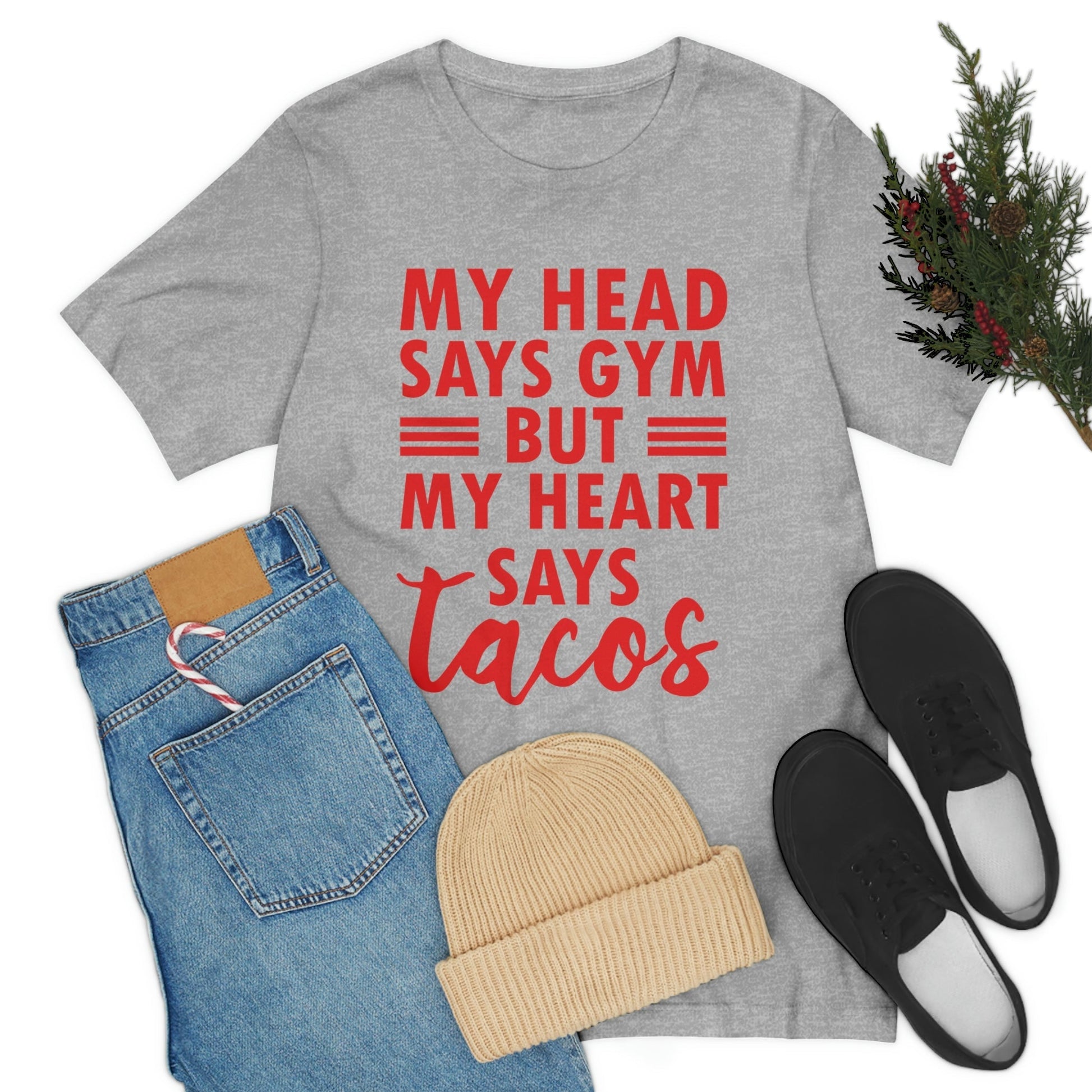My Head Says Gym But My Heart Says Tacos Food Quotes Unisex Jersey Short Sleeve T-Shirt Ichaku [Perfect Gifts Selection]