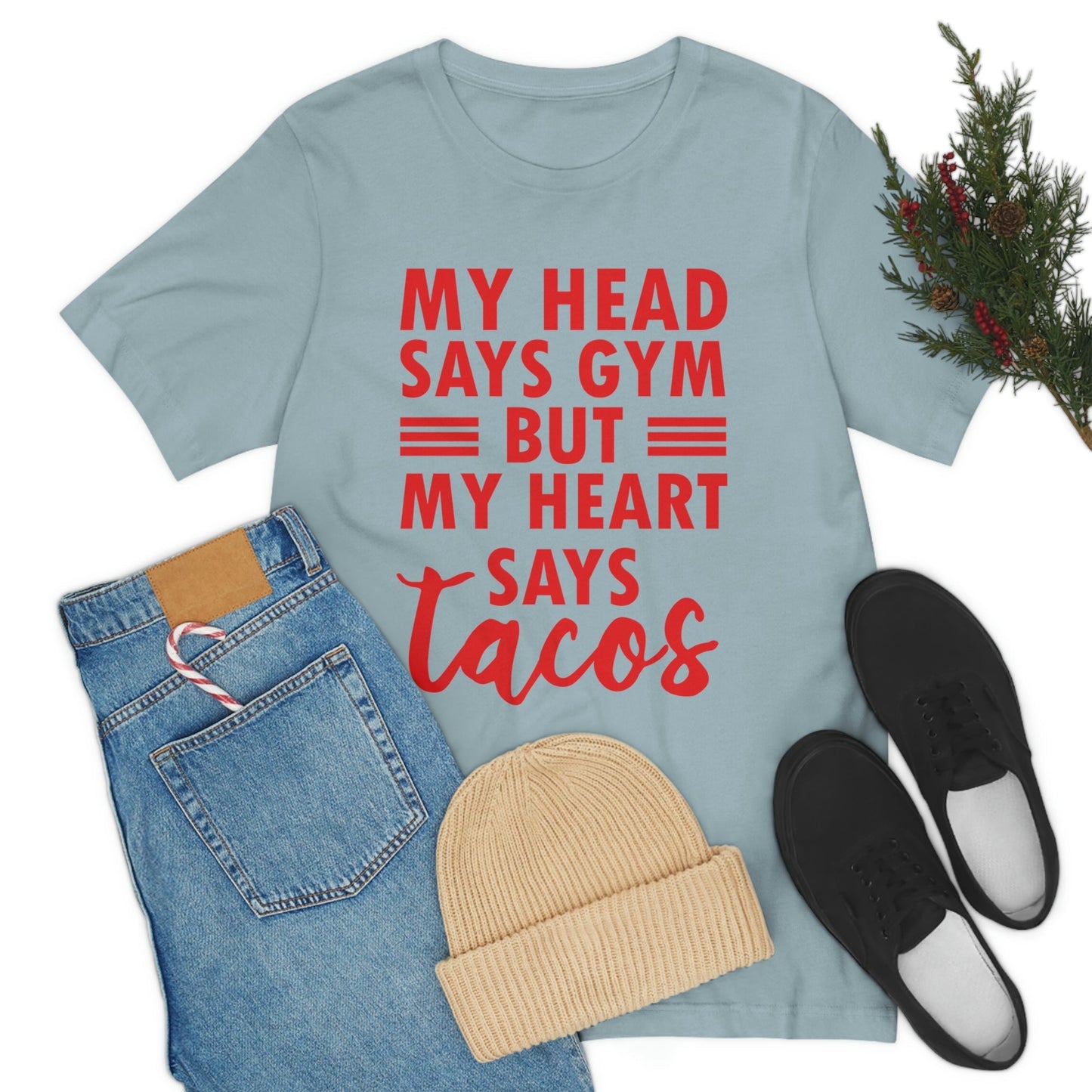 My Head Says Gym But My Heart Says Tacos Food Quotes Unisex Jersey Short Sleeve T-Shirt Ichaku [Perfect Gifts Selection]