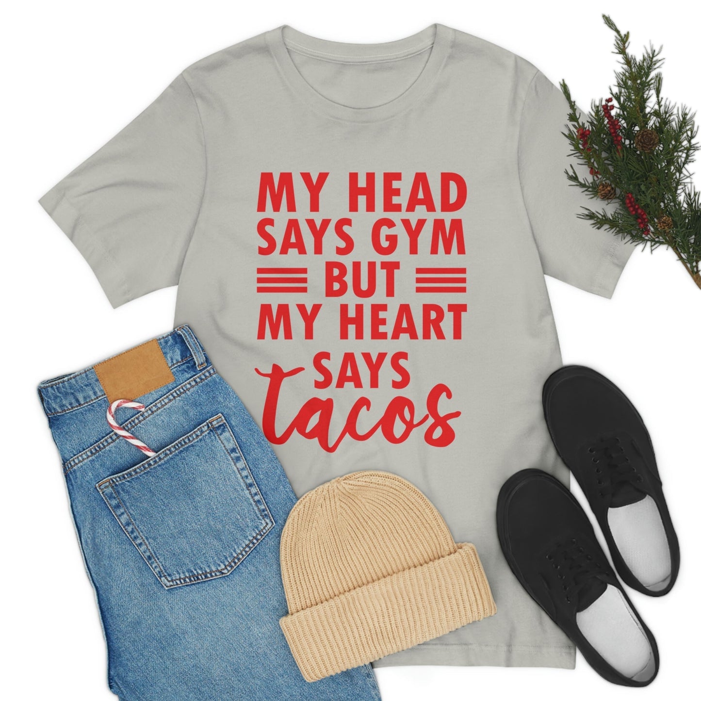 My Head Says Gym But My Heart Says Tacos Food Quotes Unisex Jersey Short Sleeve T-Shirt Ichaku [Perfect Gifts Selection]