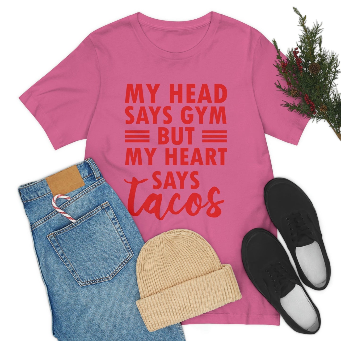 My Head Says Gym But My Heart Says Tacos Food Quotes Unisex Jersey Short Sleeve T-Shirt Ichaku [Perfect Gifts Selection]